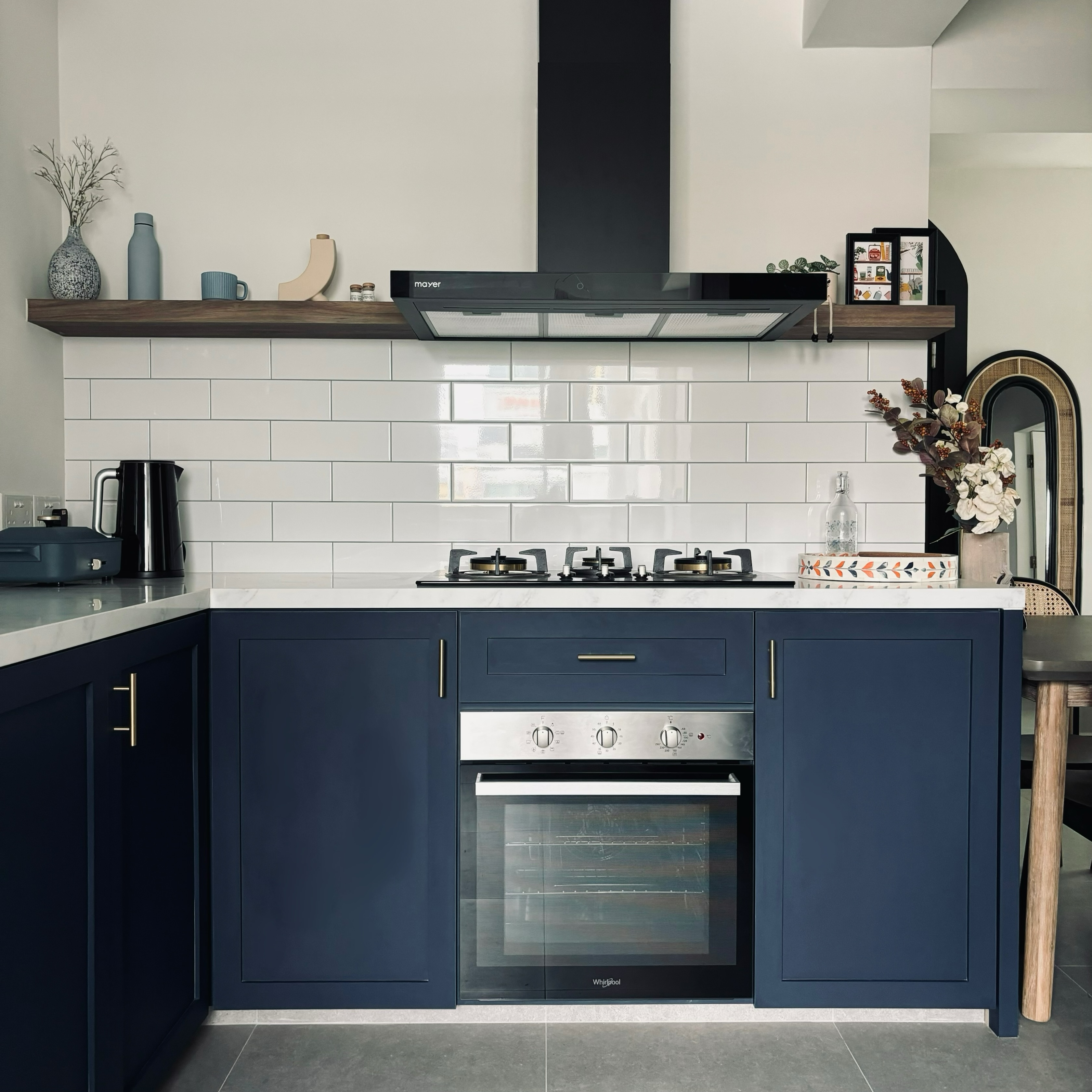 Our blue farmhouse style open concept kitchen!  - modern kitchen, contemporary design, navy blue cabinets, stainless steel
