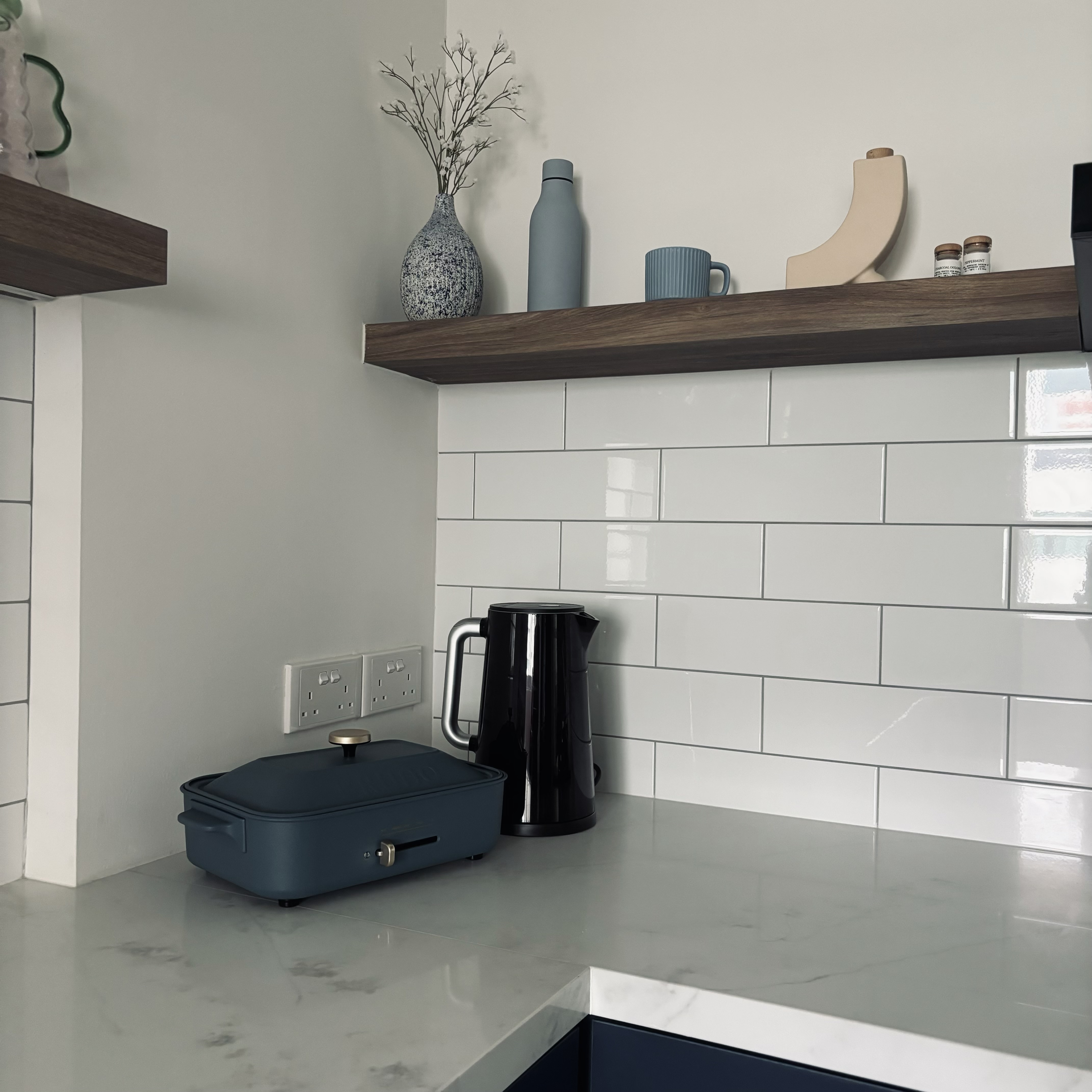 Our blue farmhouse style open concept kitchen!  - modern kitchen, minimalist design, white tiled backsplash, sleek