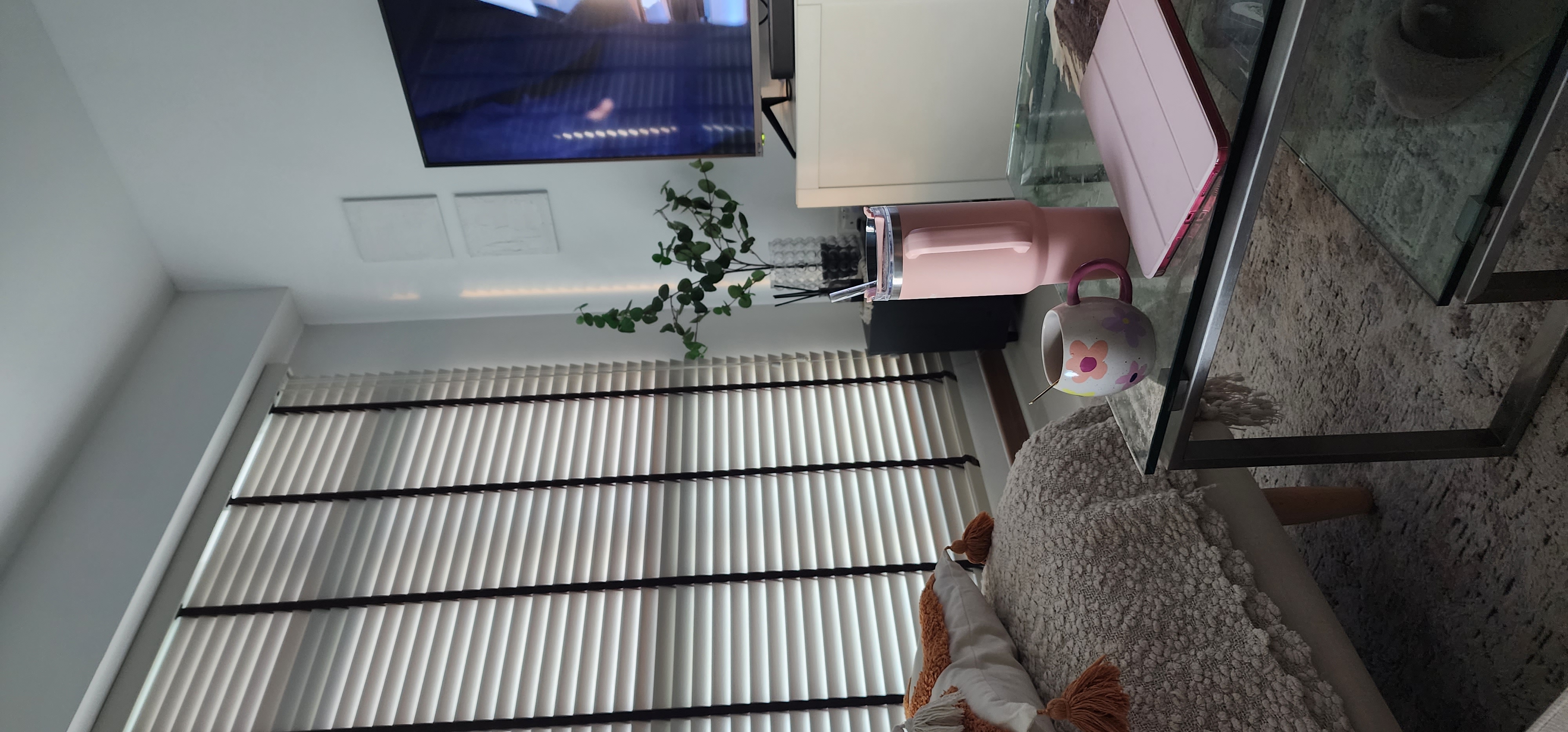 Enjoy your home, you deserve it! - Miniature plant, pink thermos, glass table, cozy sofa, textured blanket, white blinds