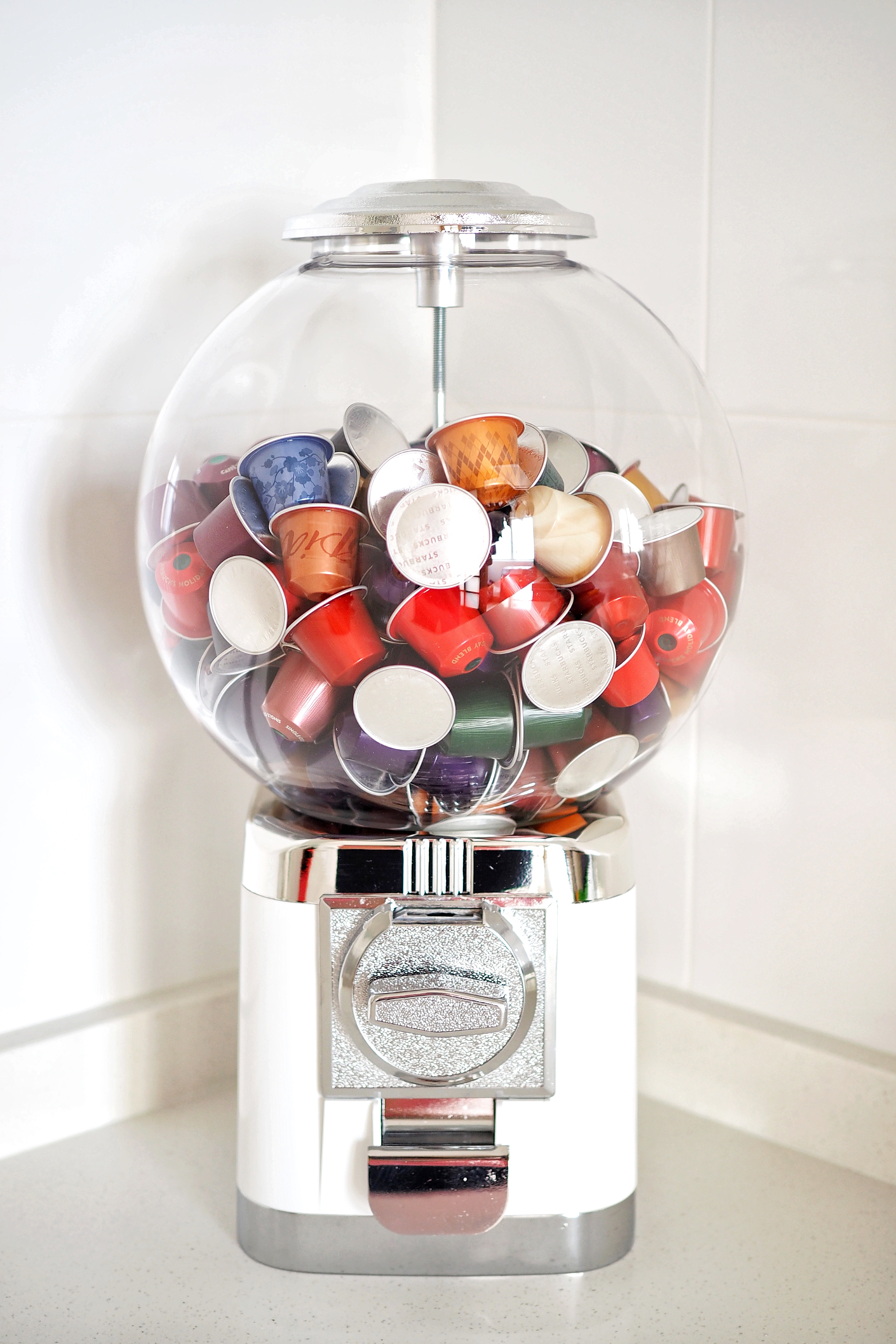 Home living: Coffee corner + delicious kopi - gumball machine, colorful gumballs, transparent gumball machine, white