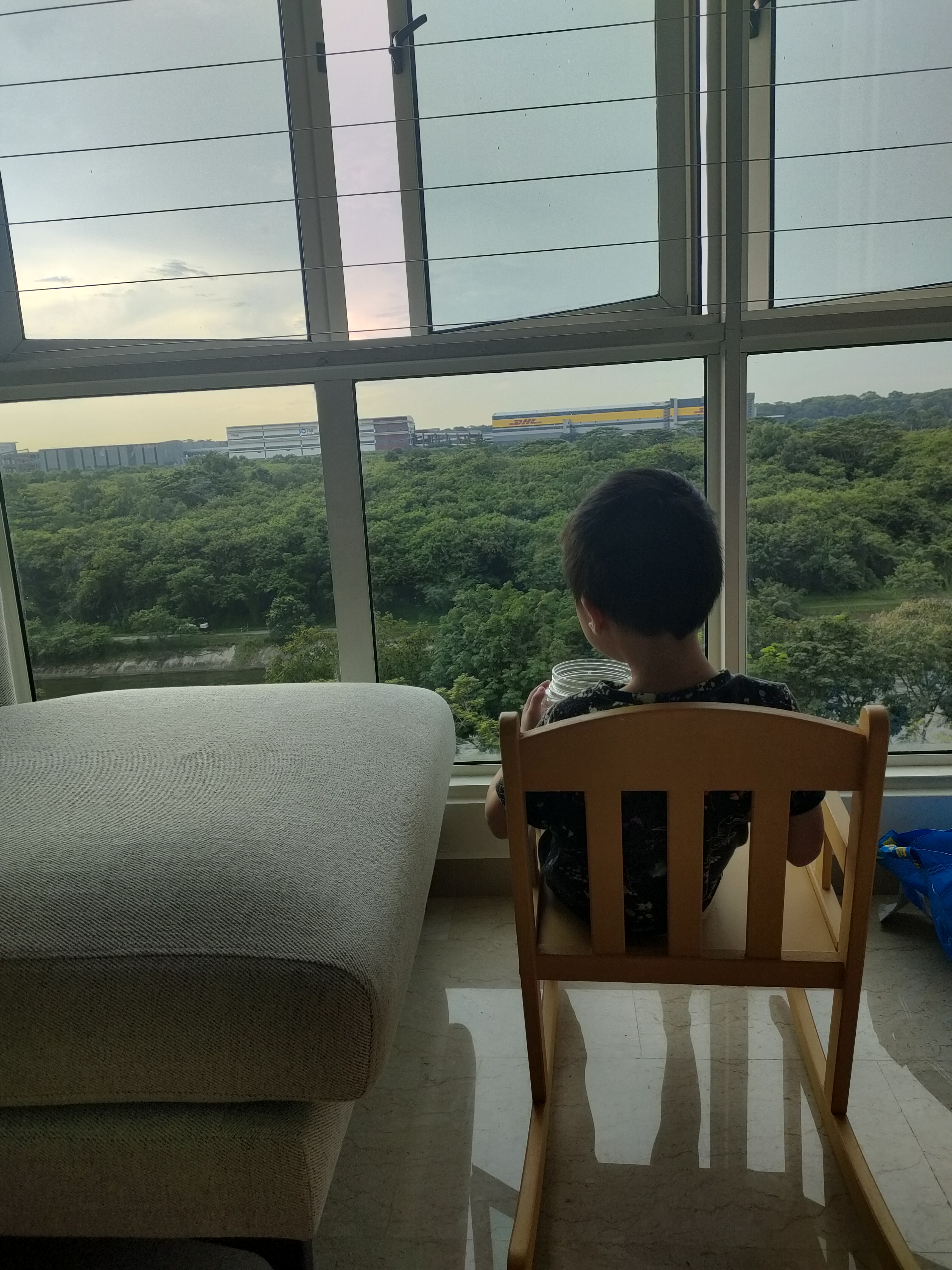 What makes the house our home... - Large windows, lush greenery, industrial buildings, DHL logo, cloudy sky, person sitting