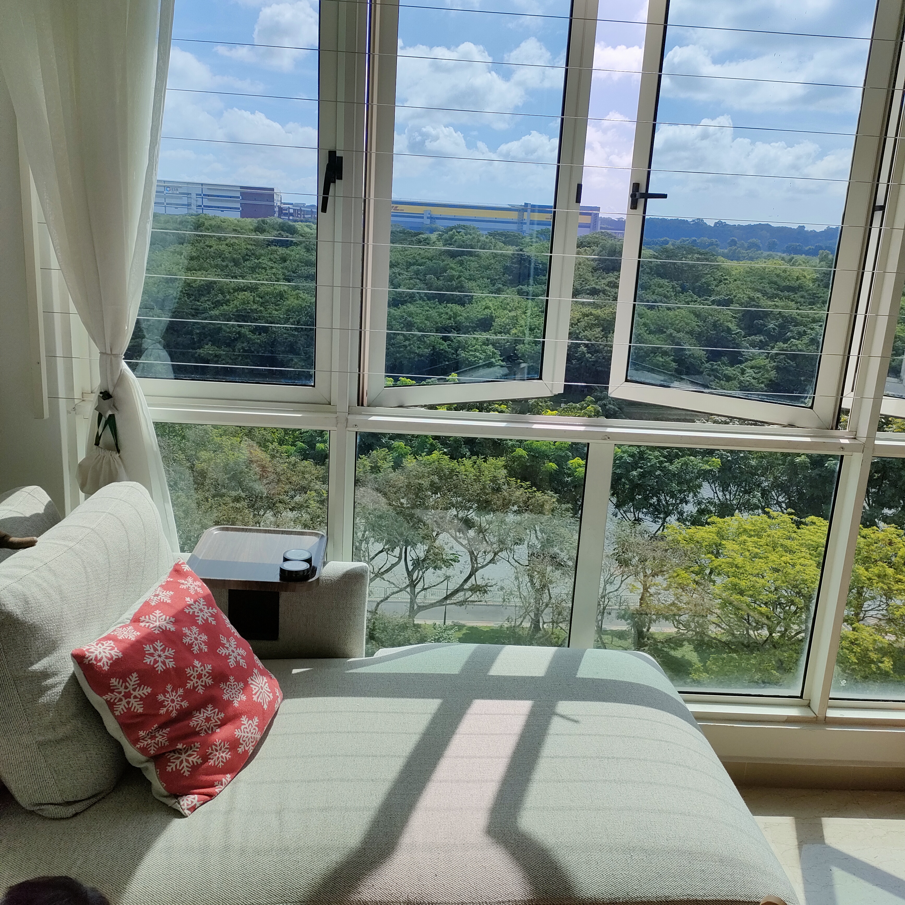 What makes the house our home... - Large windows, bright sunlight, green trees, outdoor scenery, clear blue sky, white