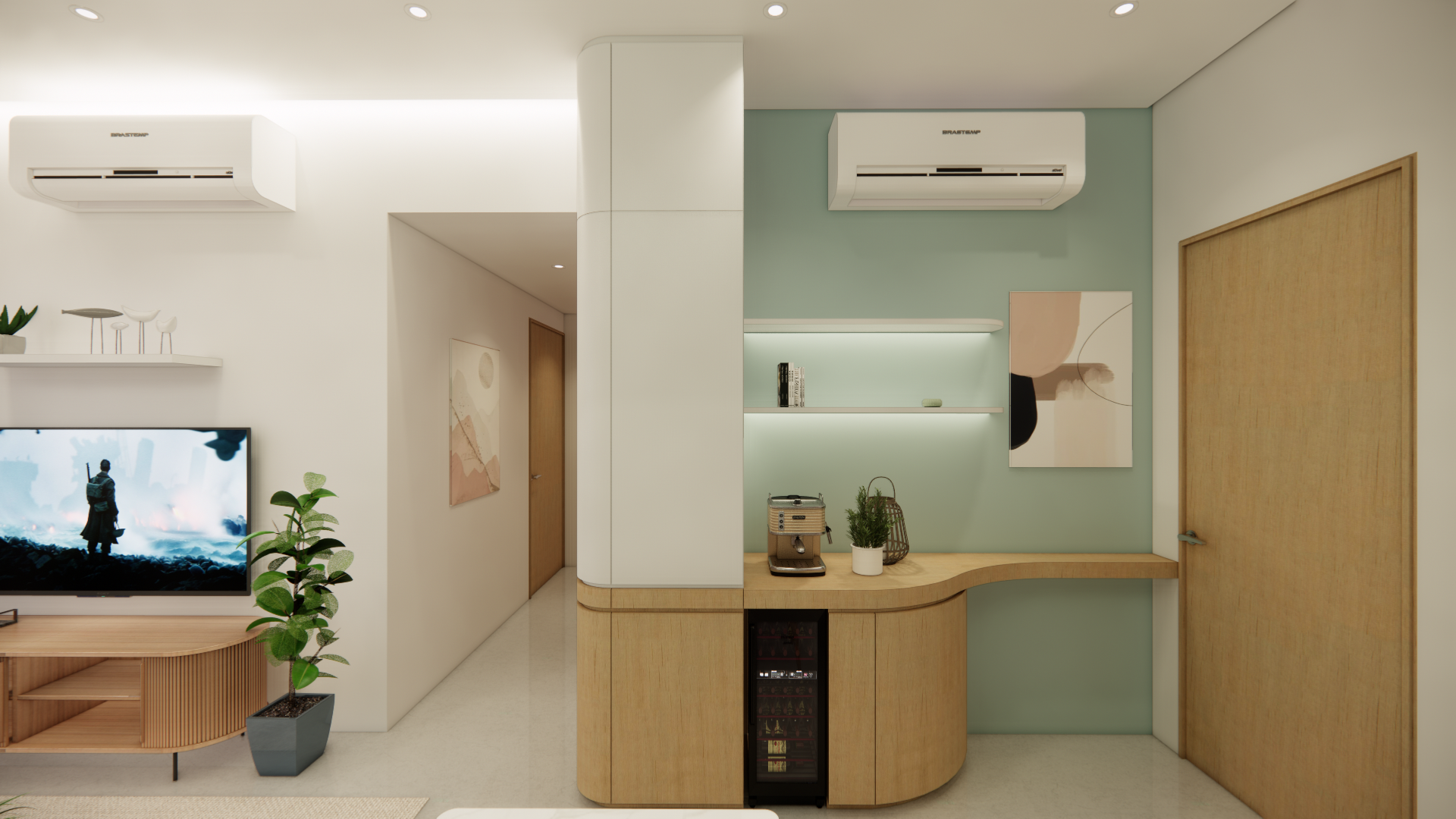 Crafting A Whimsical & Airy Home - Modern minimalist living room, sleek air conditioning unit, contemporary furniture, light