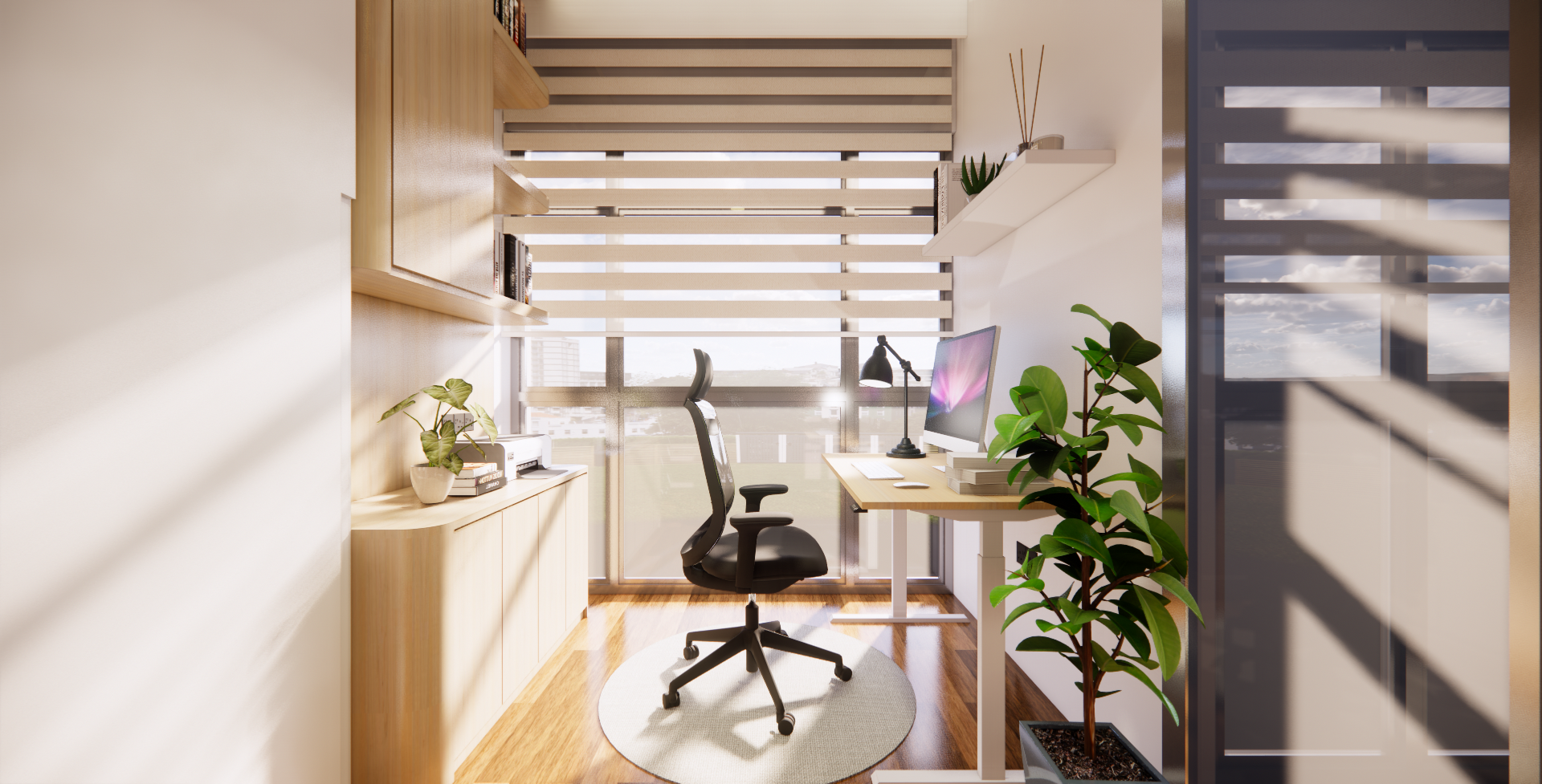 Crafting A Whimsical & Airy Home - Modern home office, minimalist design, natural light, large window, wooden shelves