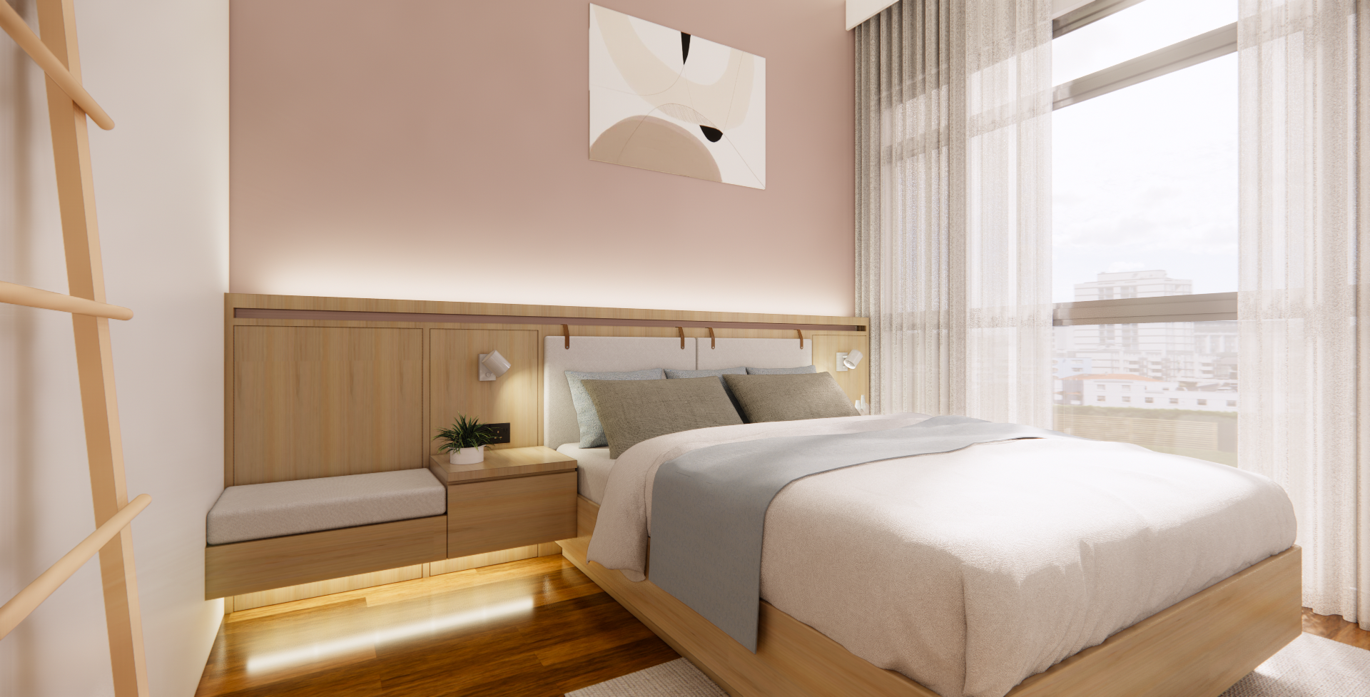 Crafting A Whimsical & Airy Home - Modern bedroom interior, minimalist design, wooden furniture, large window, soft lighting