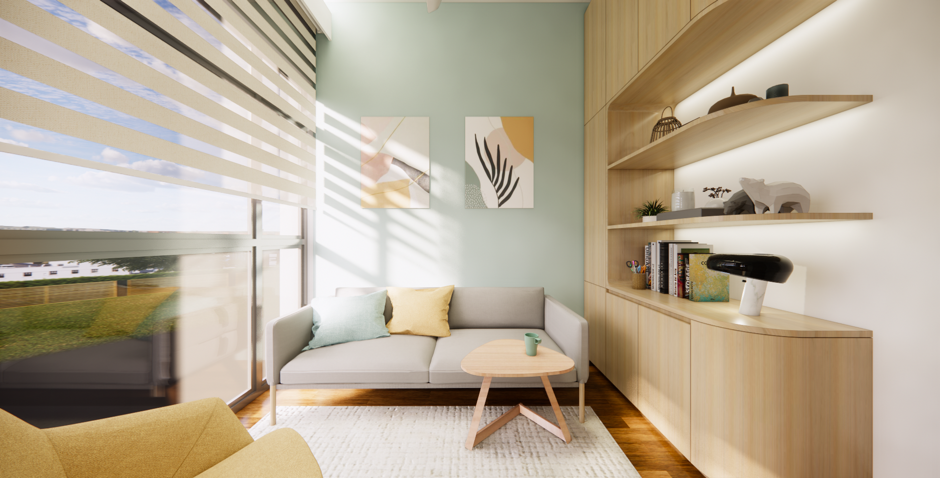 Crafting A Whimsical & Airy Home - Modern living room, cozy seating area, light blue sofa, yellow and green pillows, wooden