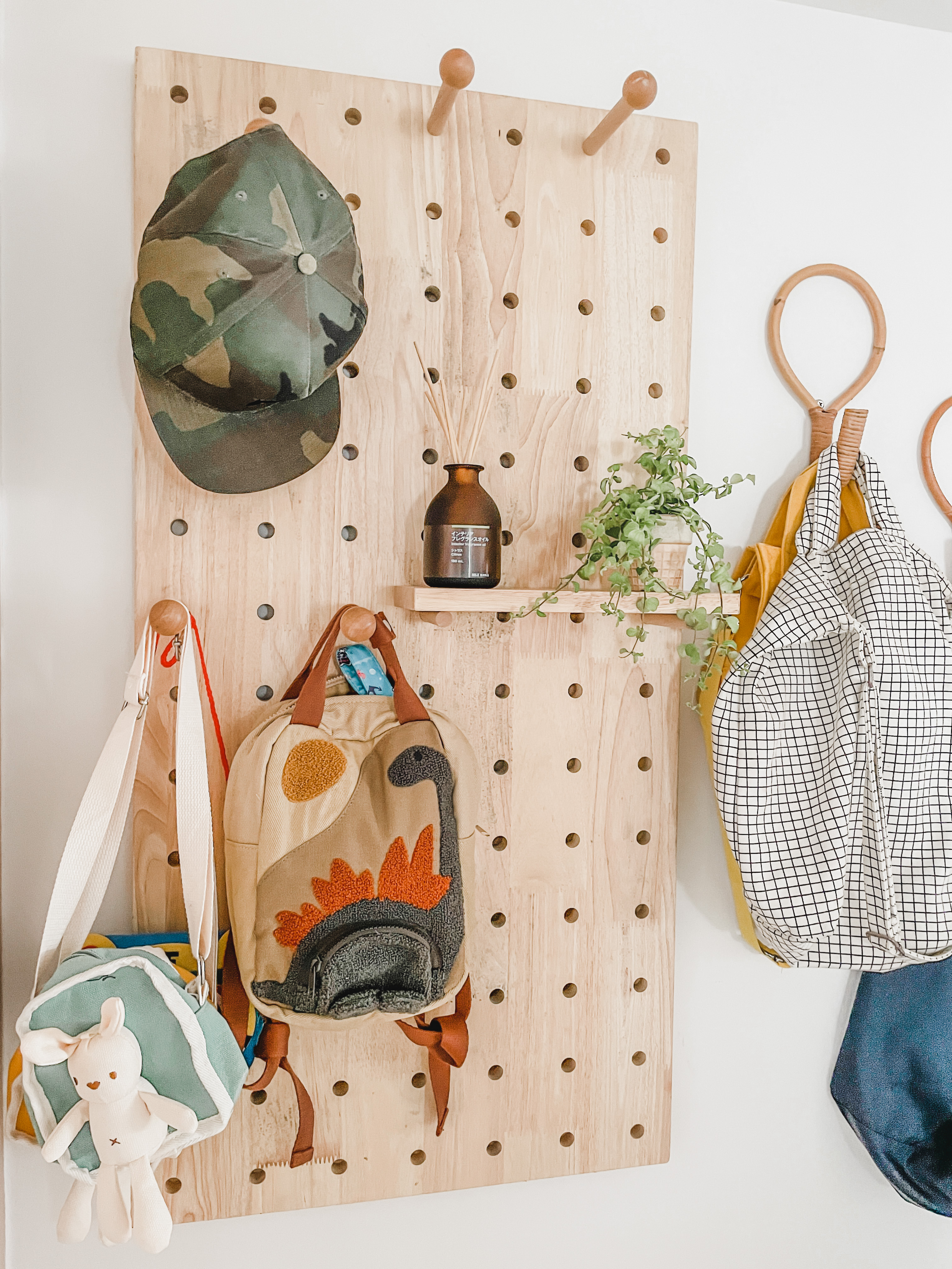 A Welcoming Entryway   - Mint green camouflage hat, wooden pegboard, small brown incense holder, green potted plant, beige