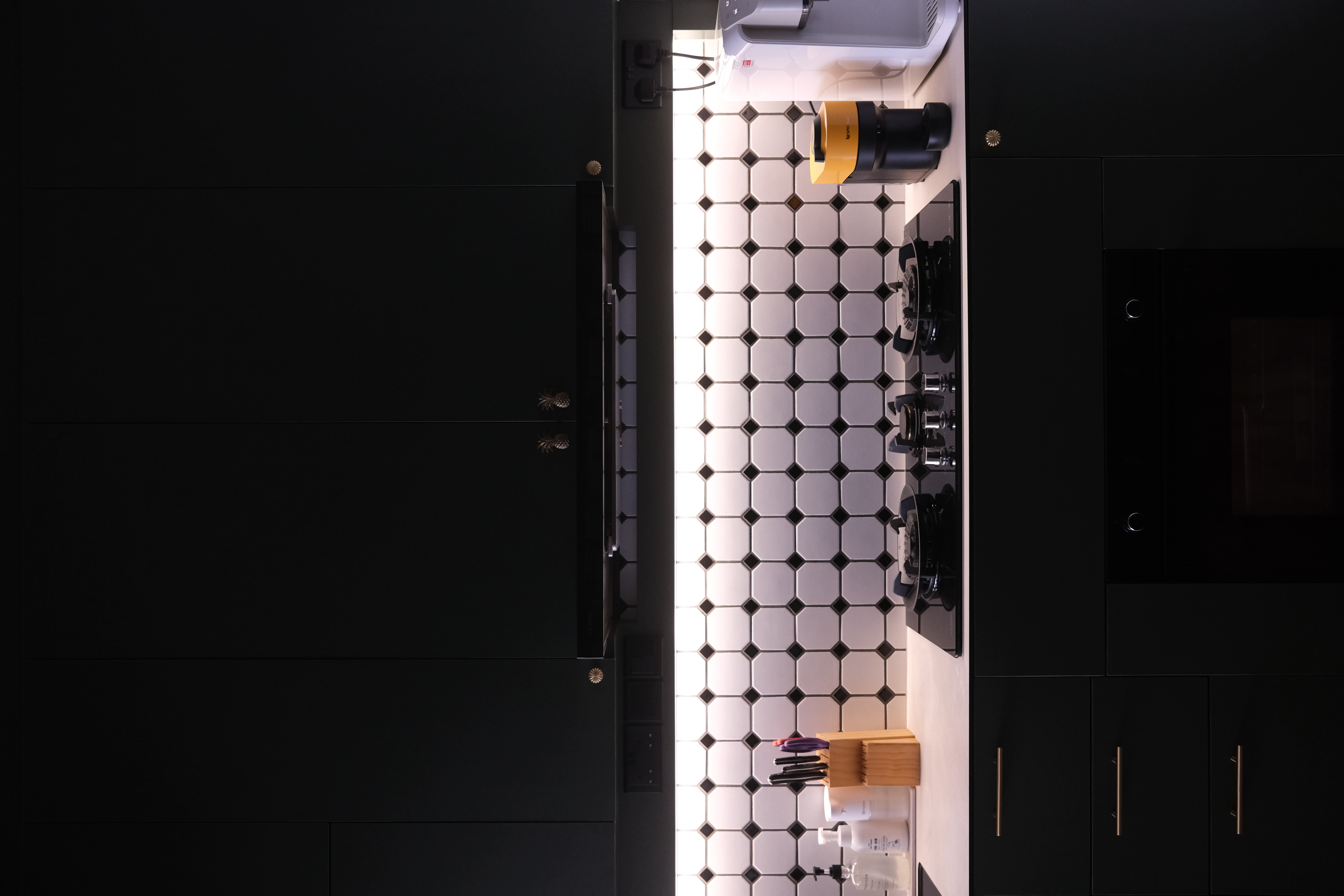 Warm / Cool / White | Pick your favourite lighting - Modern kitchen, sleek design, black cabinets, minimalist style