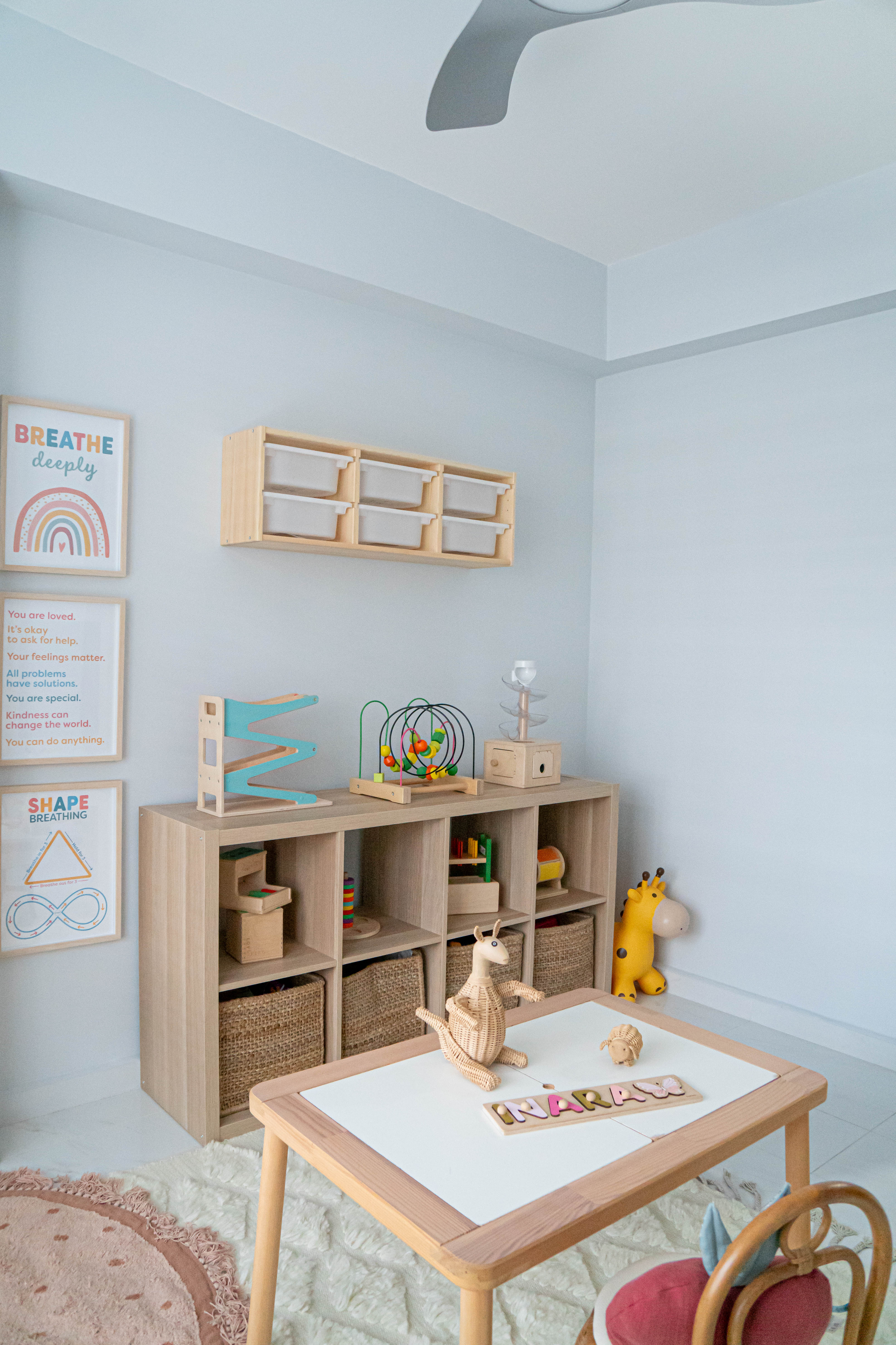Gender Neutral Kids' Playroom + Girly Dress-Up Room - Wooden playhouse, colorful toys, educational posters, child-friendly