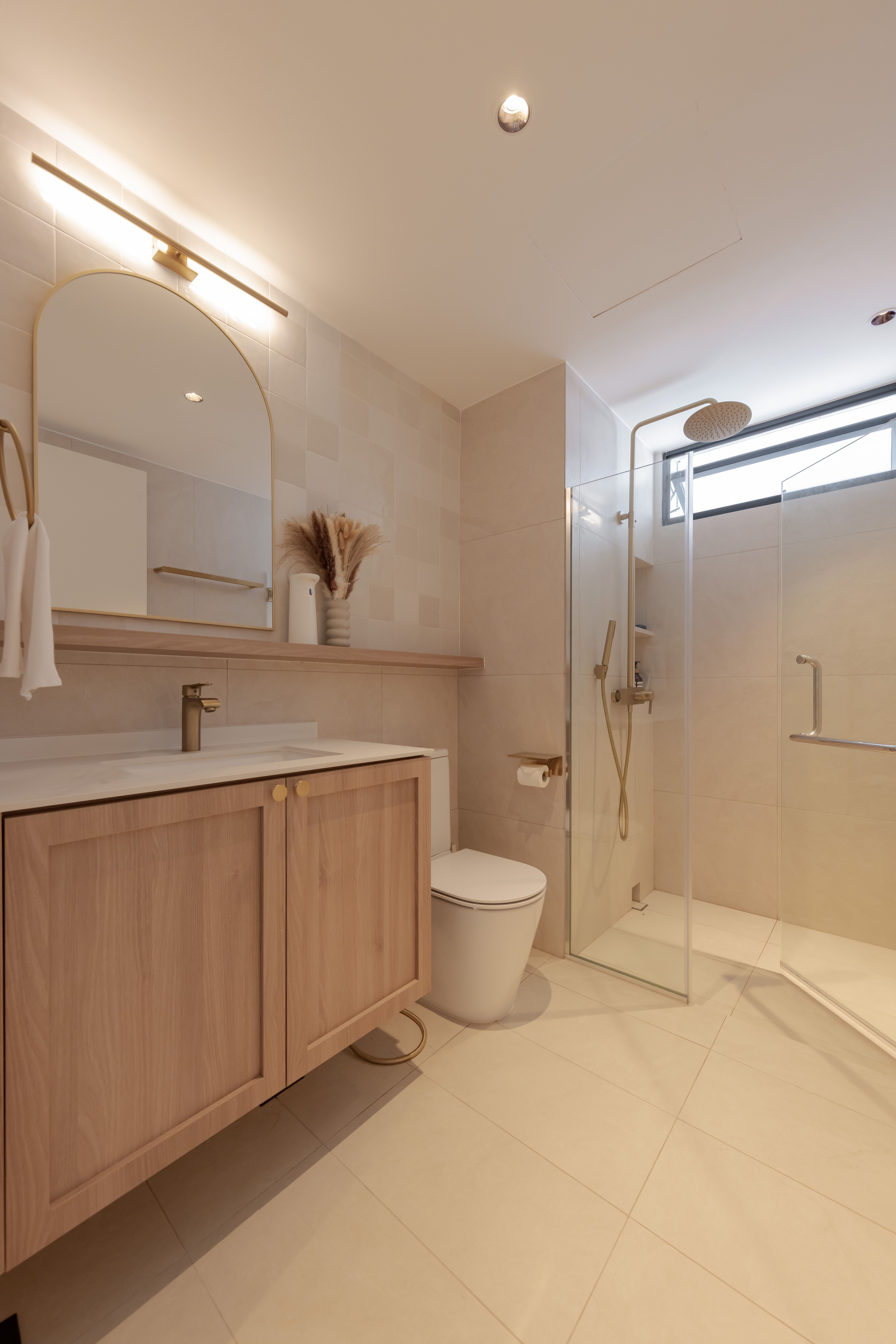 Keeping our bathroom minimal  - Modern bathroom with sleek design, beige and white color scheme, wooden vanity with gold