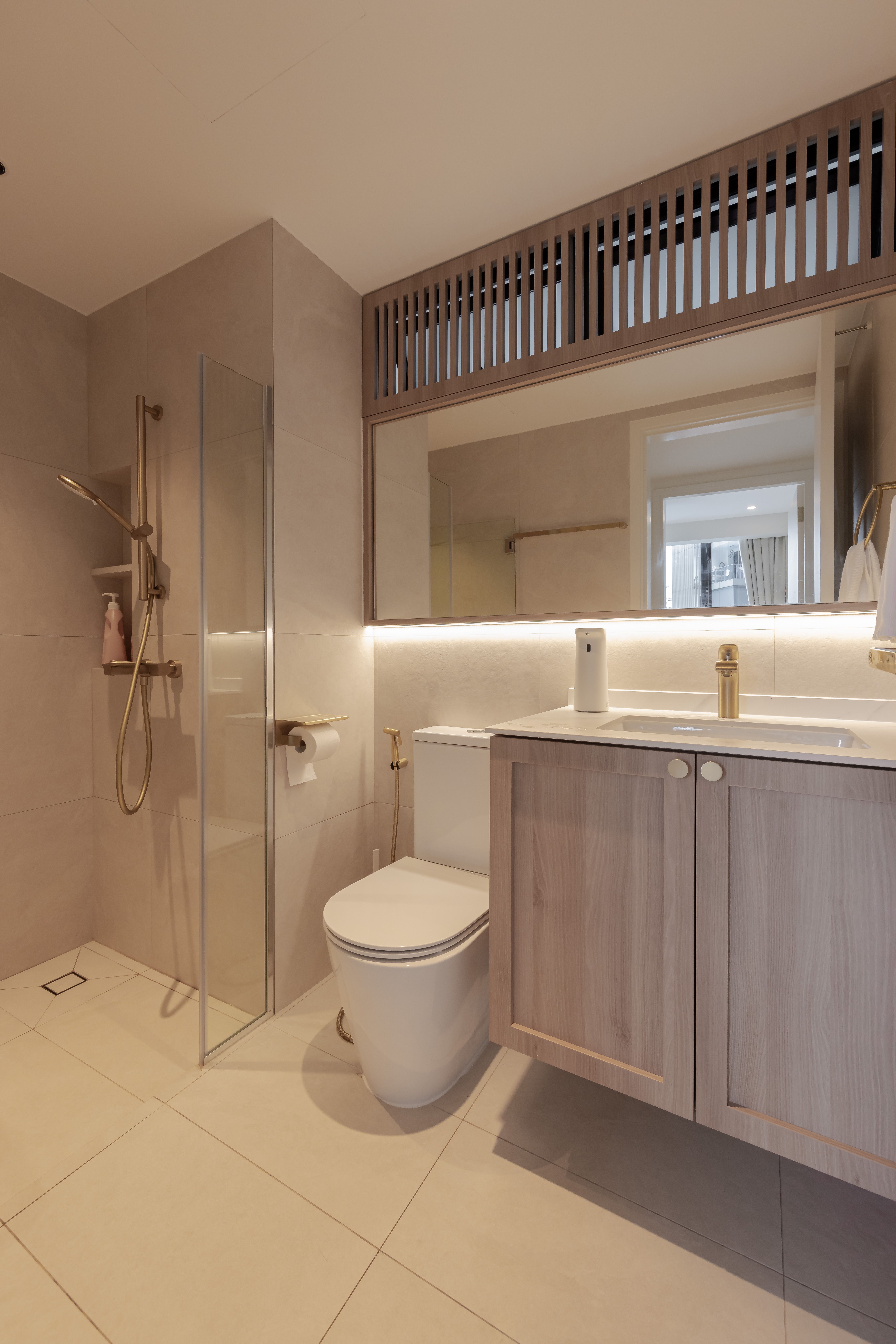 Keeping our bathroom minimal  - Modern bathroom with sleek design, beige tiles, glass shower enclosure, wooden accents