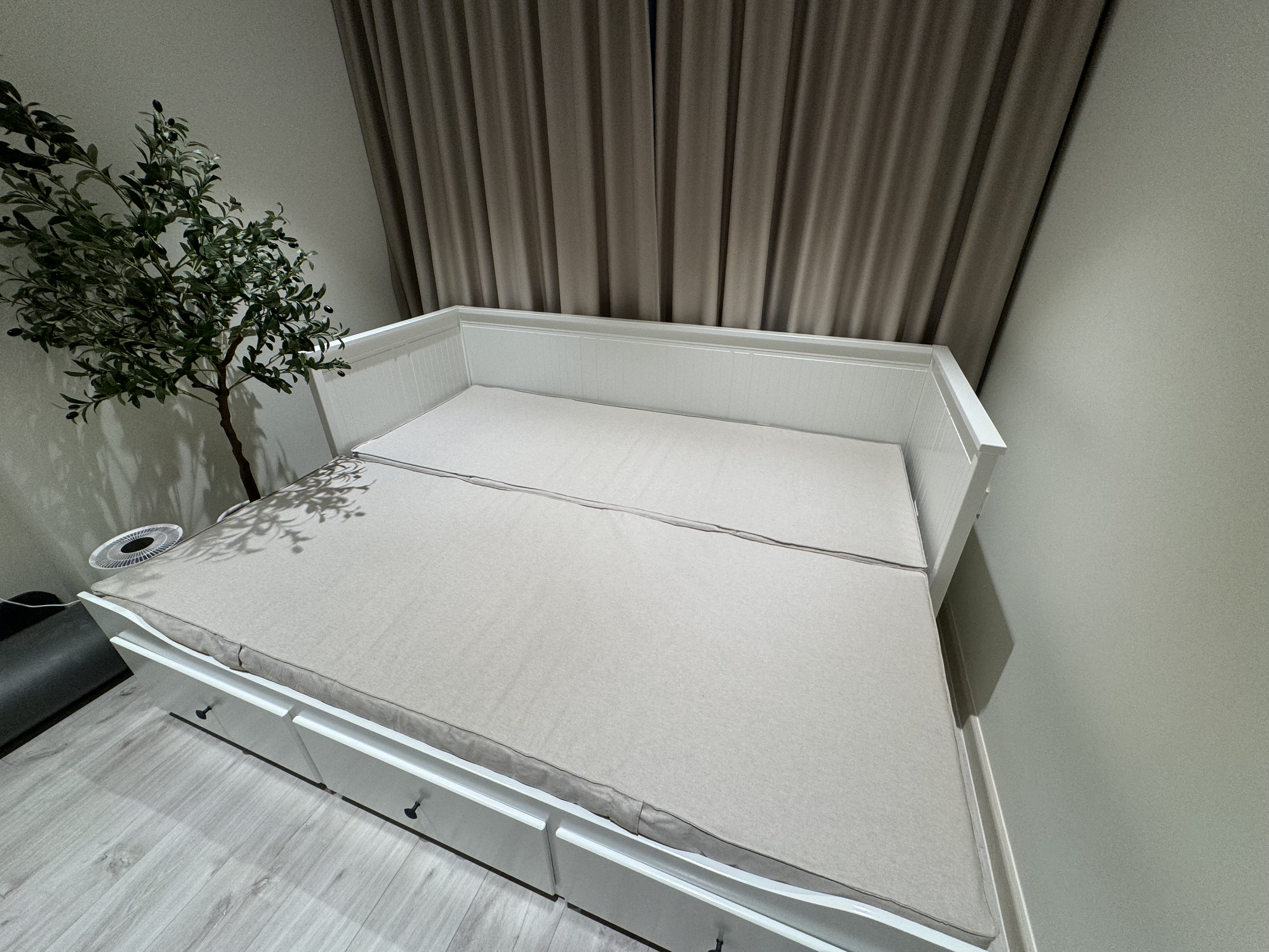 Be our guest ✨ - modern bedroom, minimalist design, cozy bed, white bed frame, wooden flooring, light gray walls, soft