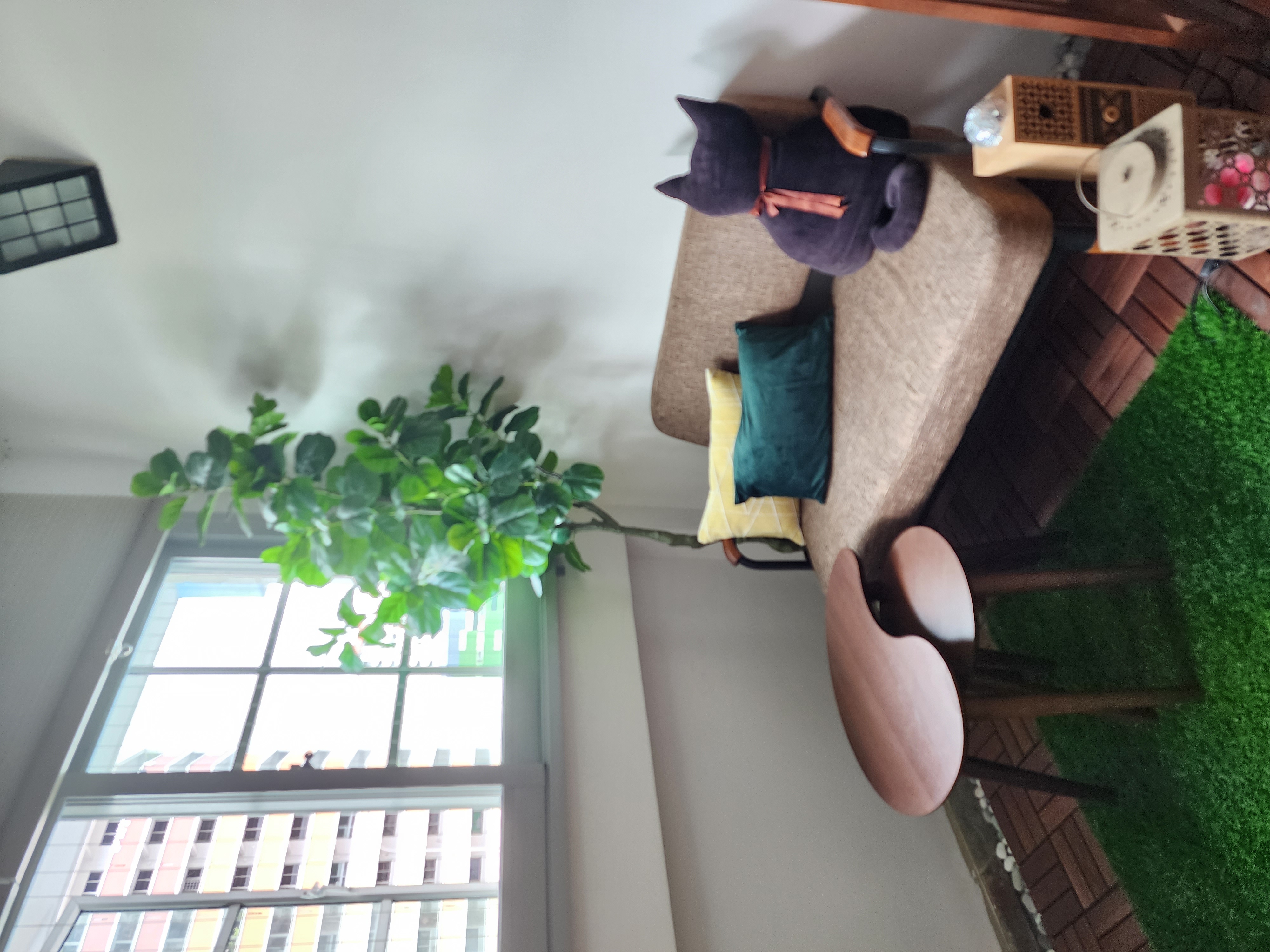 Cosy Corners of our home - vibrant room, cozy furniture, plush cushions, green plant, modern decor, wooden chair, beige sofa