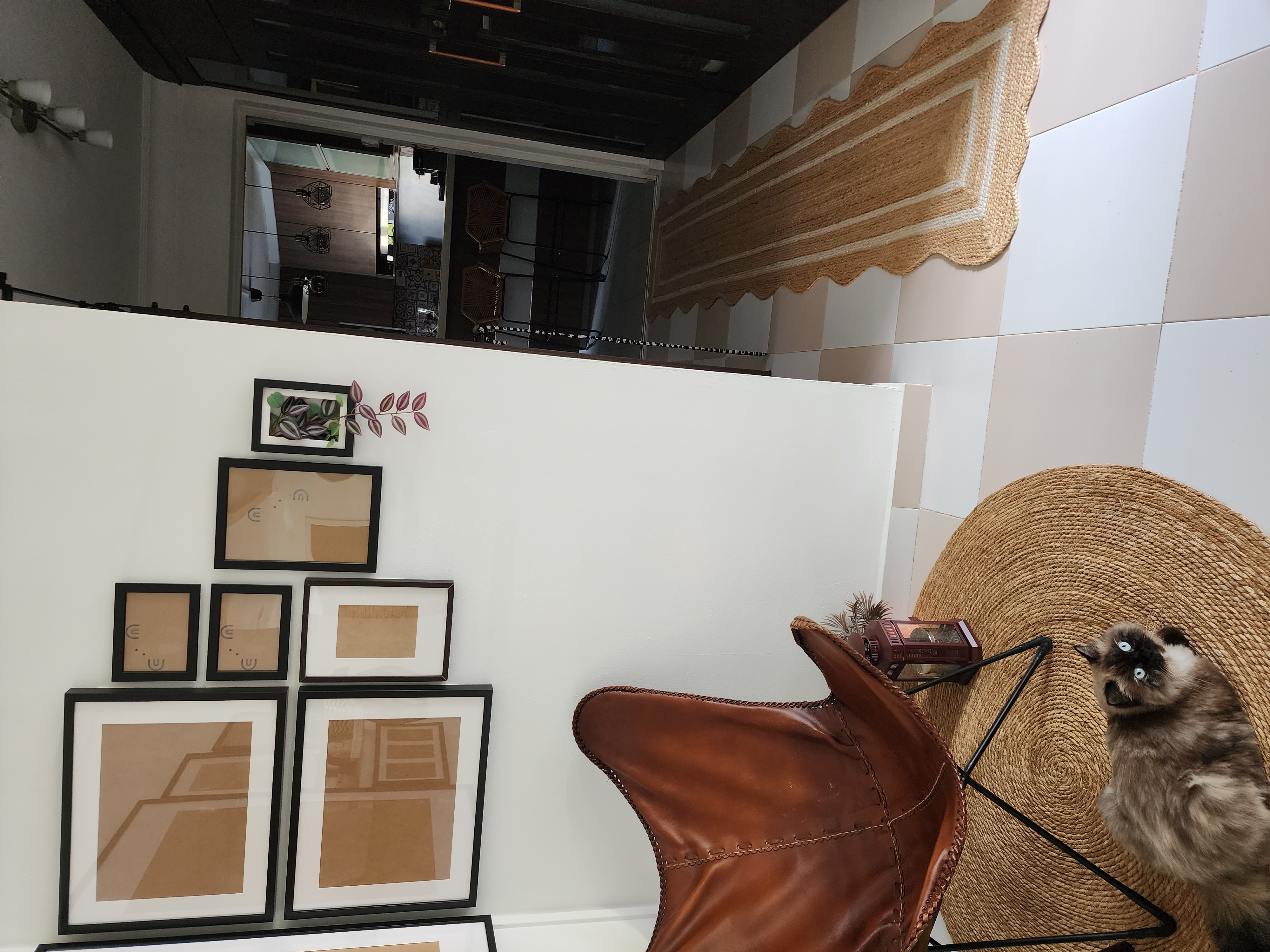 Cosy Corners of our home - Modern interior design, cozy room, woven wall, abstract art, framed pictures, brown leather chair