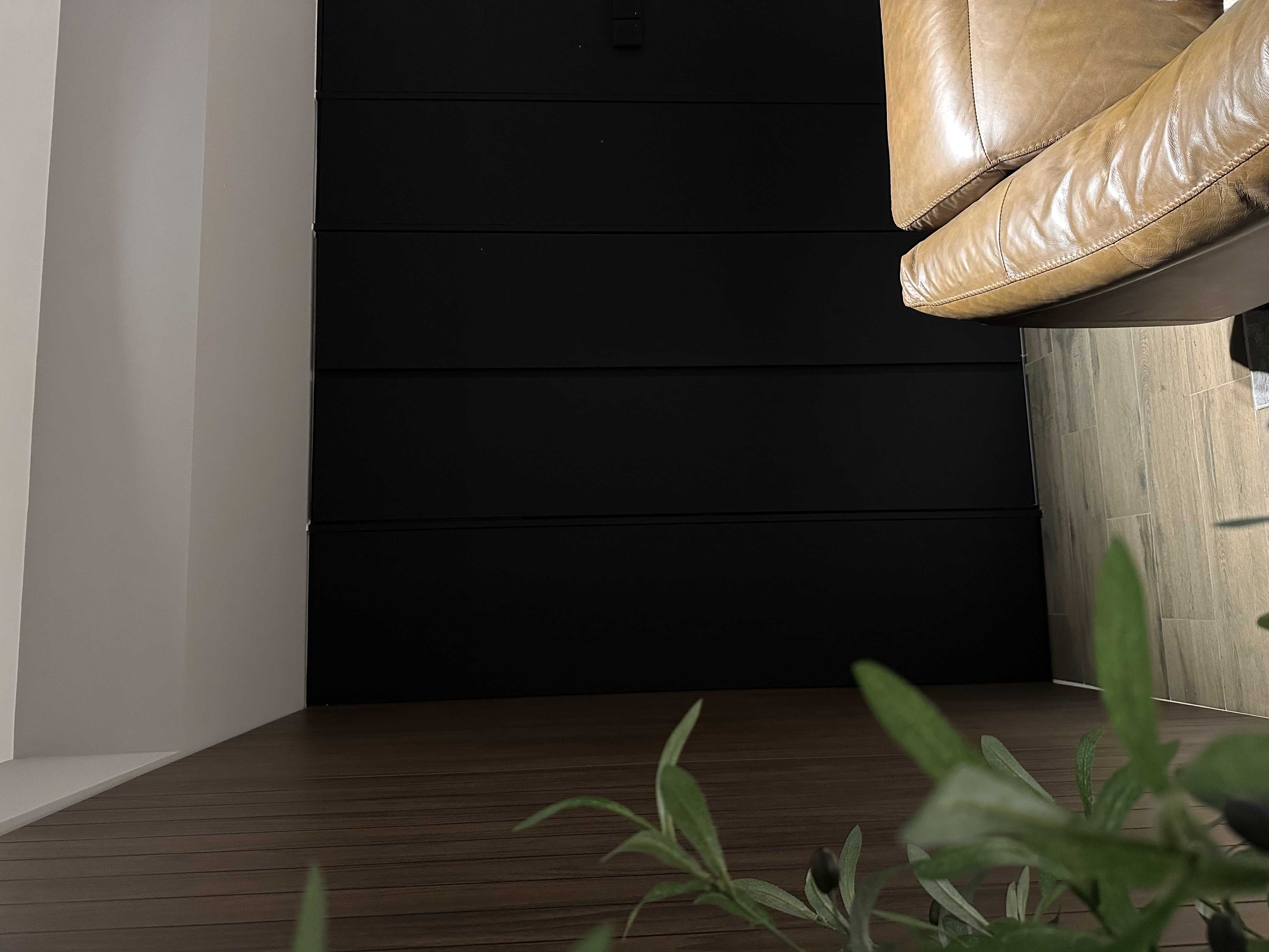Our hidden common bathroom  - Leather sofa, minimalist design, dark wooden floor, modern decor, cozy atmosphere, natural