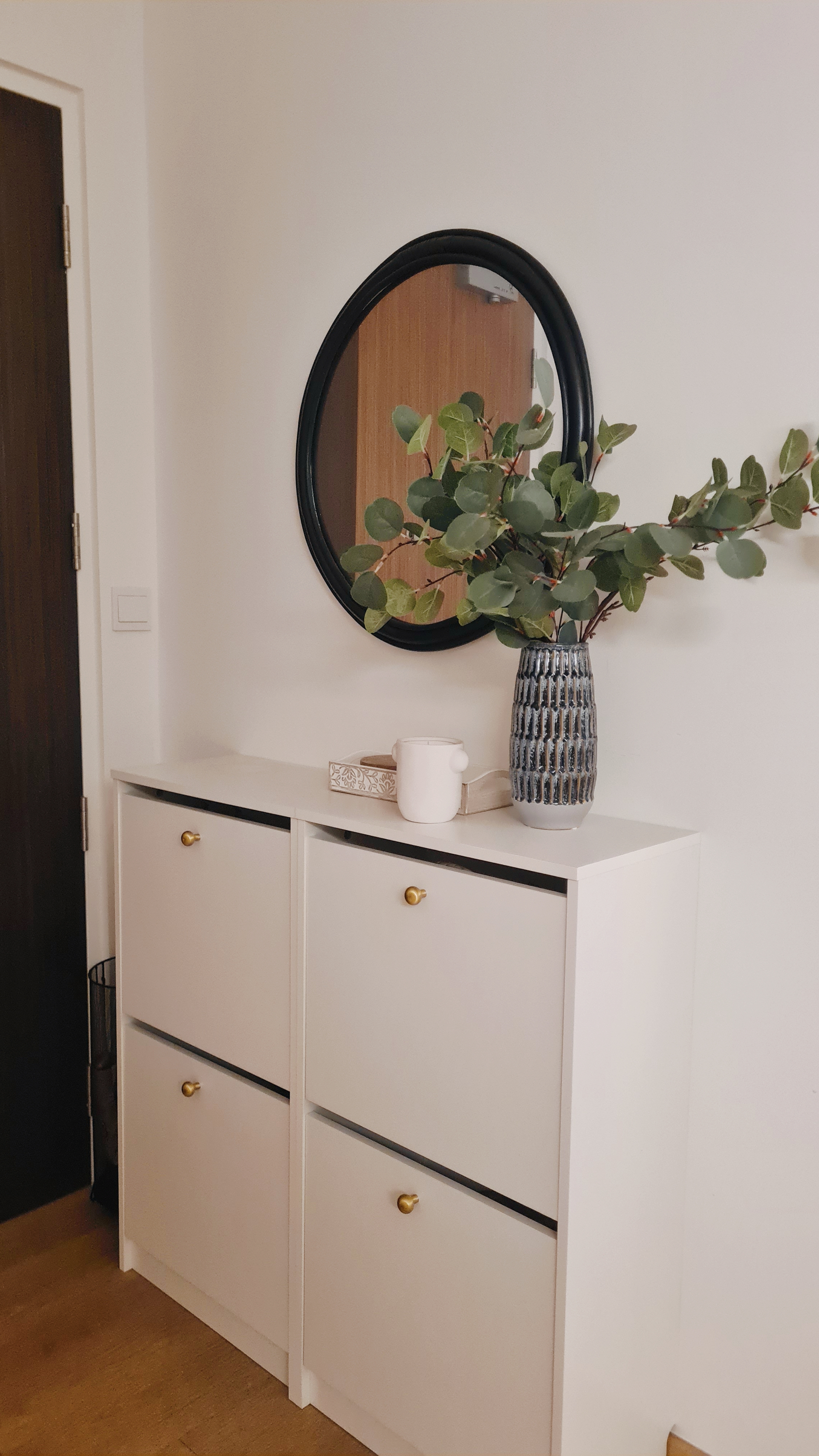 Narrow but Noteworthy Entryway - White vanity with gold handles, round mirror on white wall, green plant in vase, minimalist