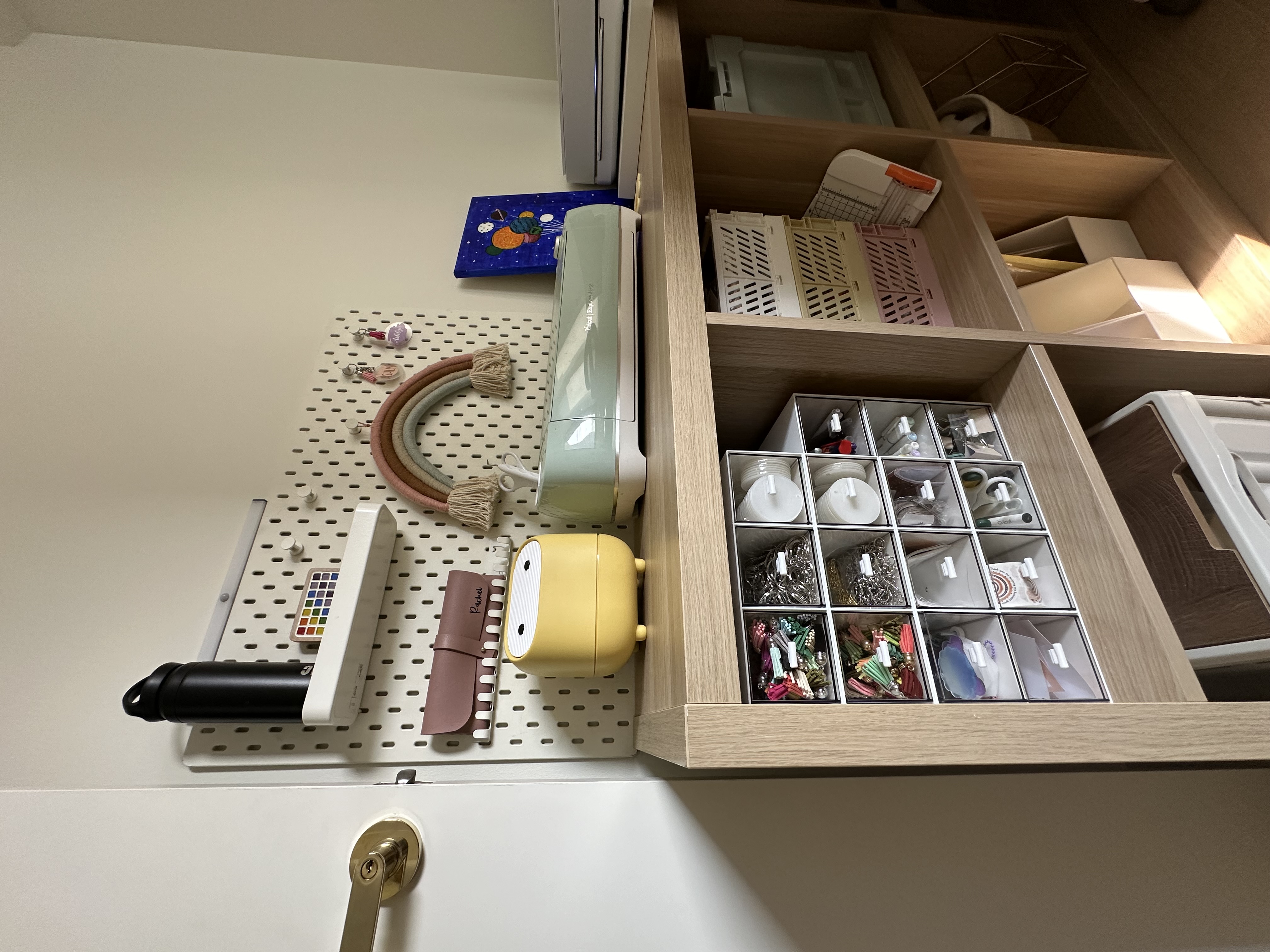 Our tiny home office + crafting room  - Organized workspace, neatly arranged items, storage solutions, wall-mounted pegboard