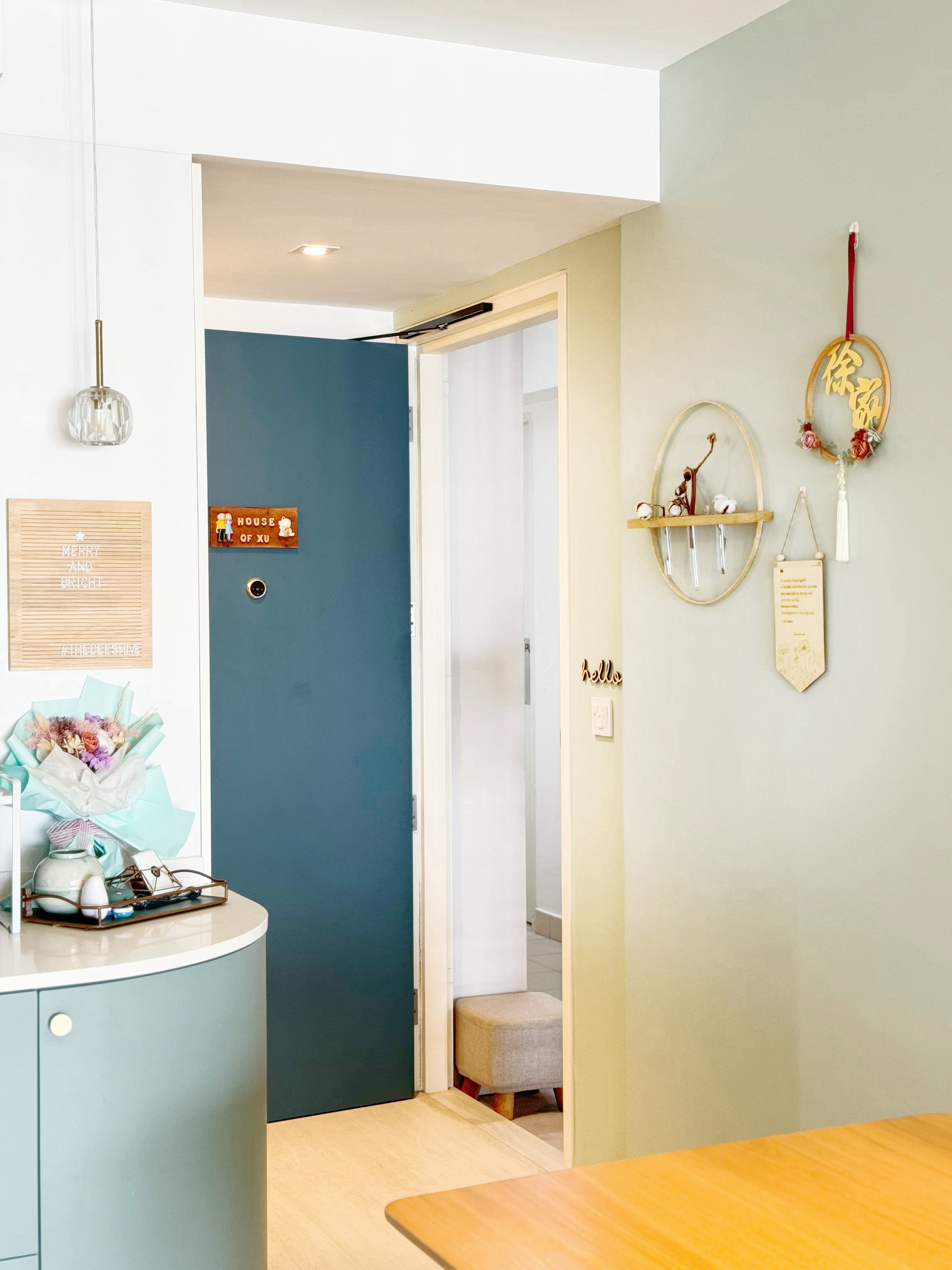 How to Design A Narrow Entryway - Merry and Bright, Hello, Decorative wall, Floral arrangement, Wooden shelf, Pendant light