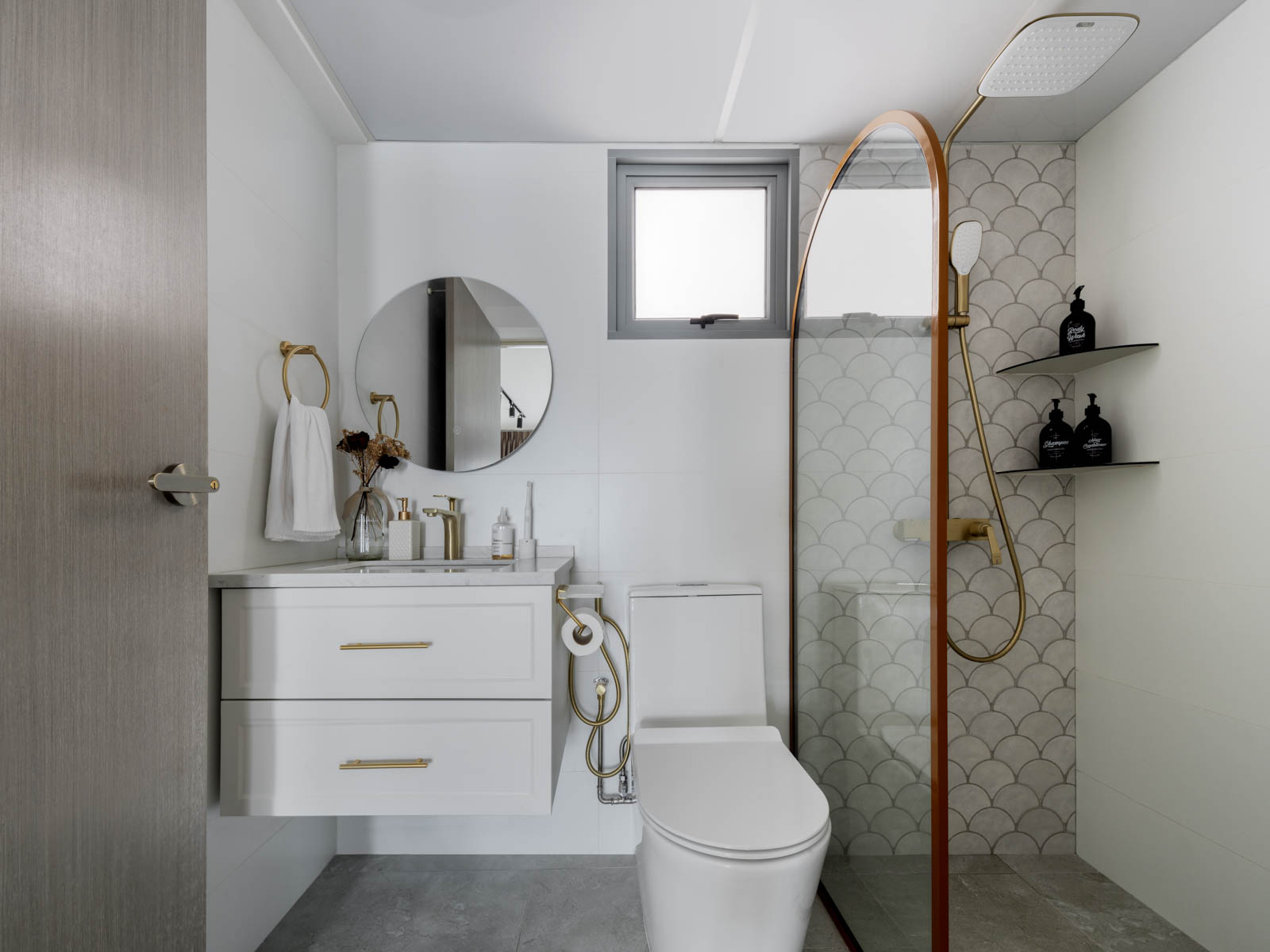 Creating A Modern Country Retreat - Modern minimalist bathroom, sleek design, white color scheme, floating vanity, gold
