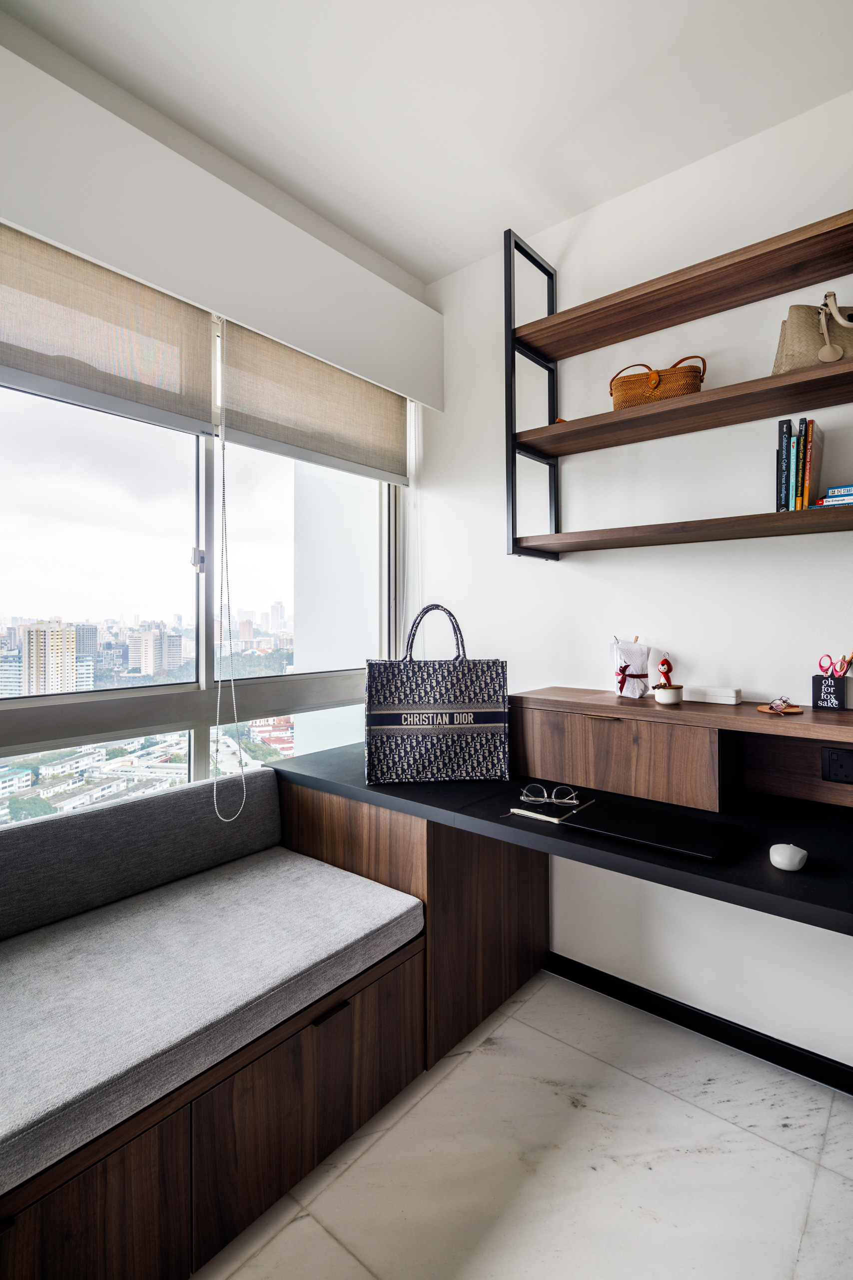 A Minimalist & Industrial Look For A Young Couple - Modern minimalist interior, large window with blinds, cityscape view