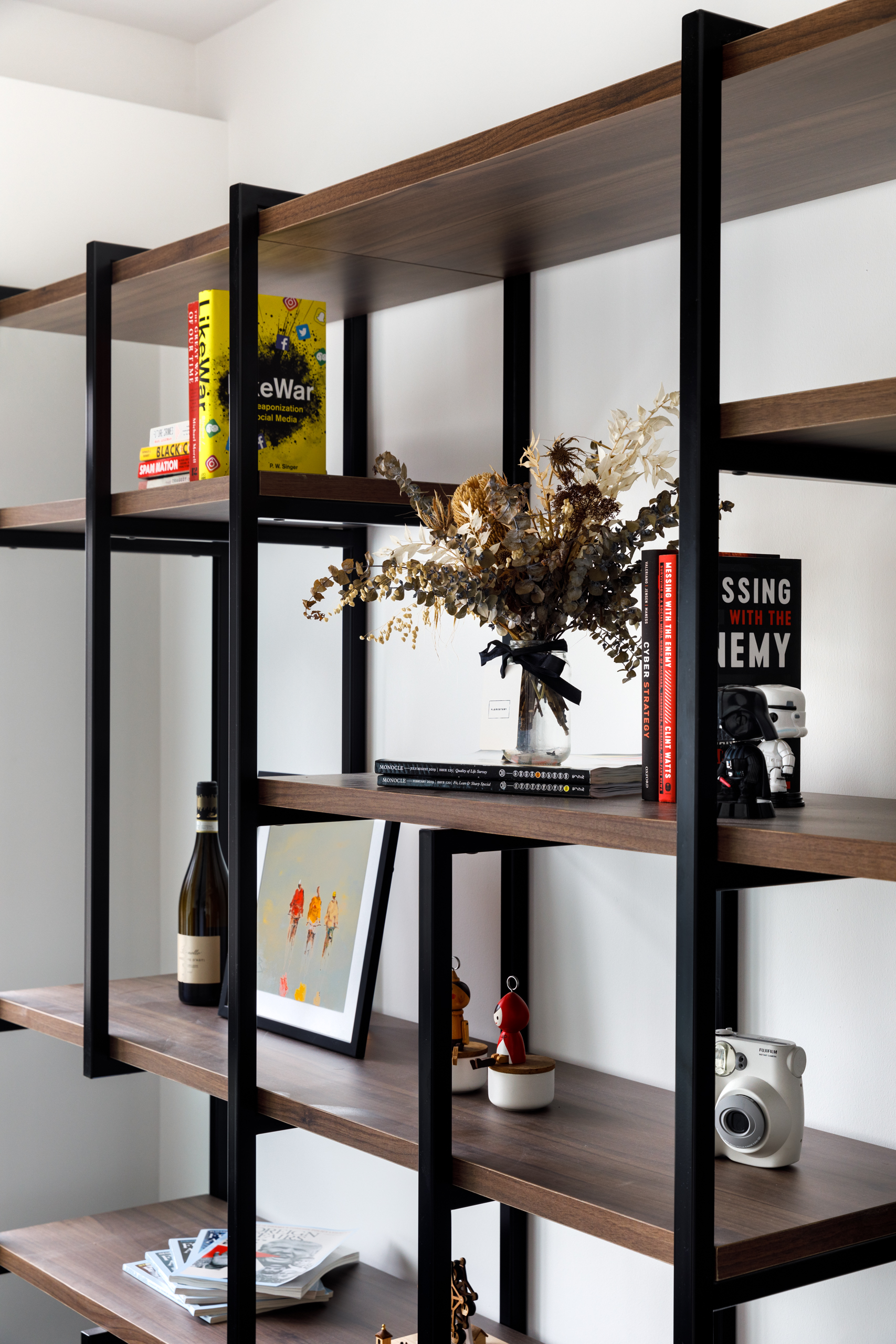 A Minimalist & Industrial Look For A Young Couple - Modern shelving unit, minimalist design, wooden finish, black metal