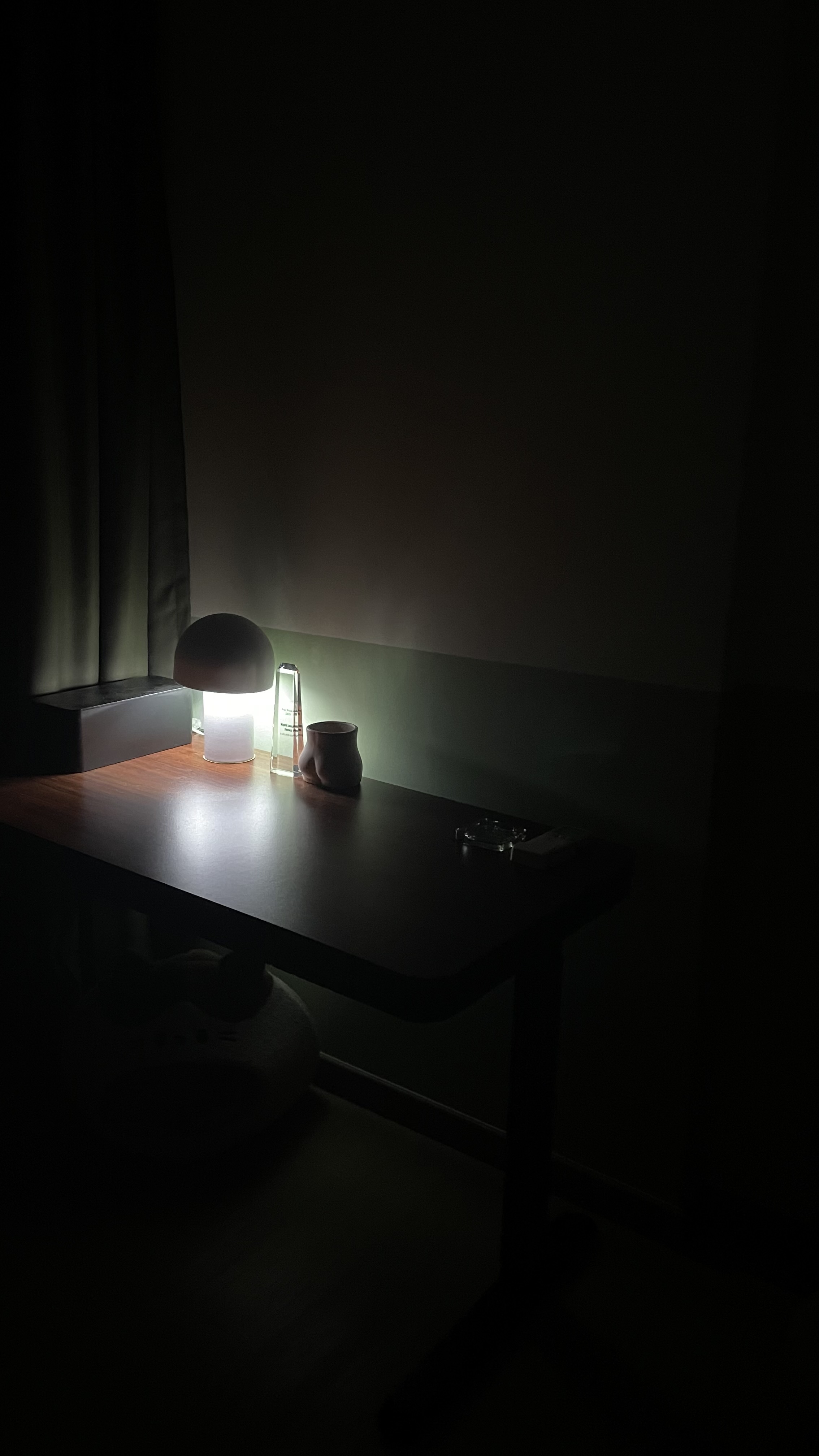 Don’t turn on the big lights 💡 - dimly lit room, bedside table, desk lamp, soft light, candle, cup, glass, remote control