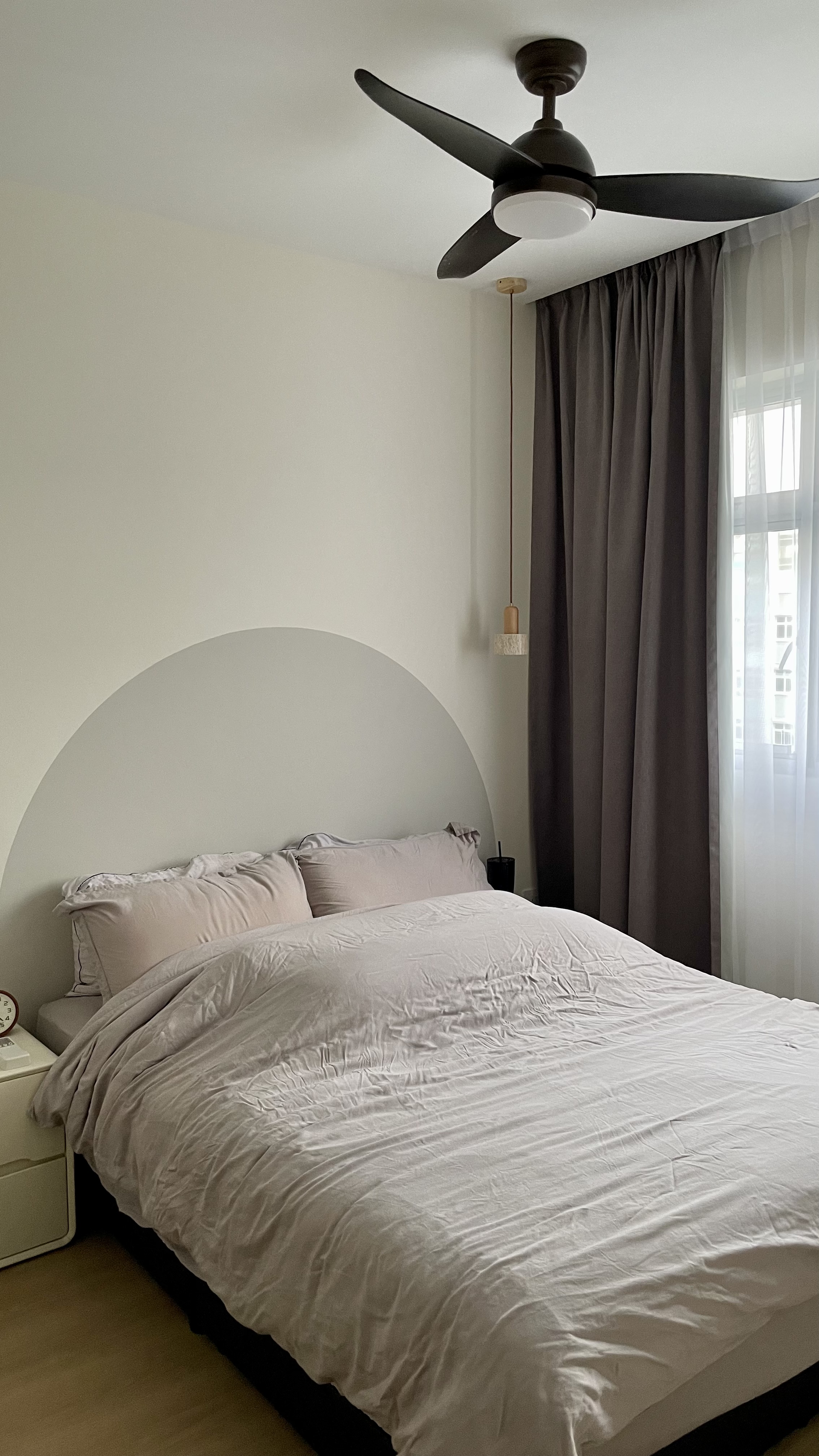 Don’t turn on the big lights 💡 - modern bedroom, minimalist design, cozy bed, white comforter, gray pillows, arched