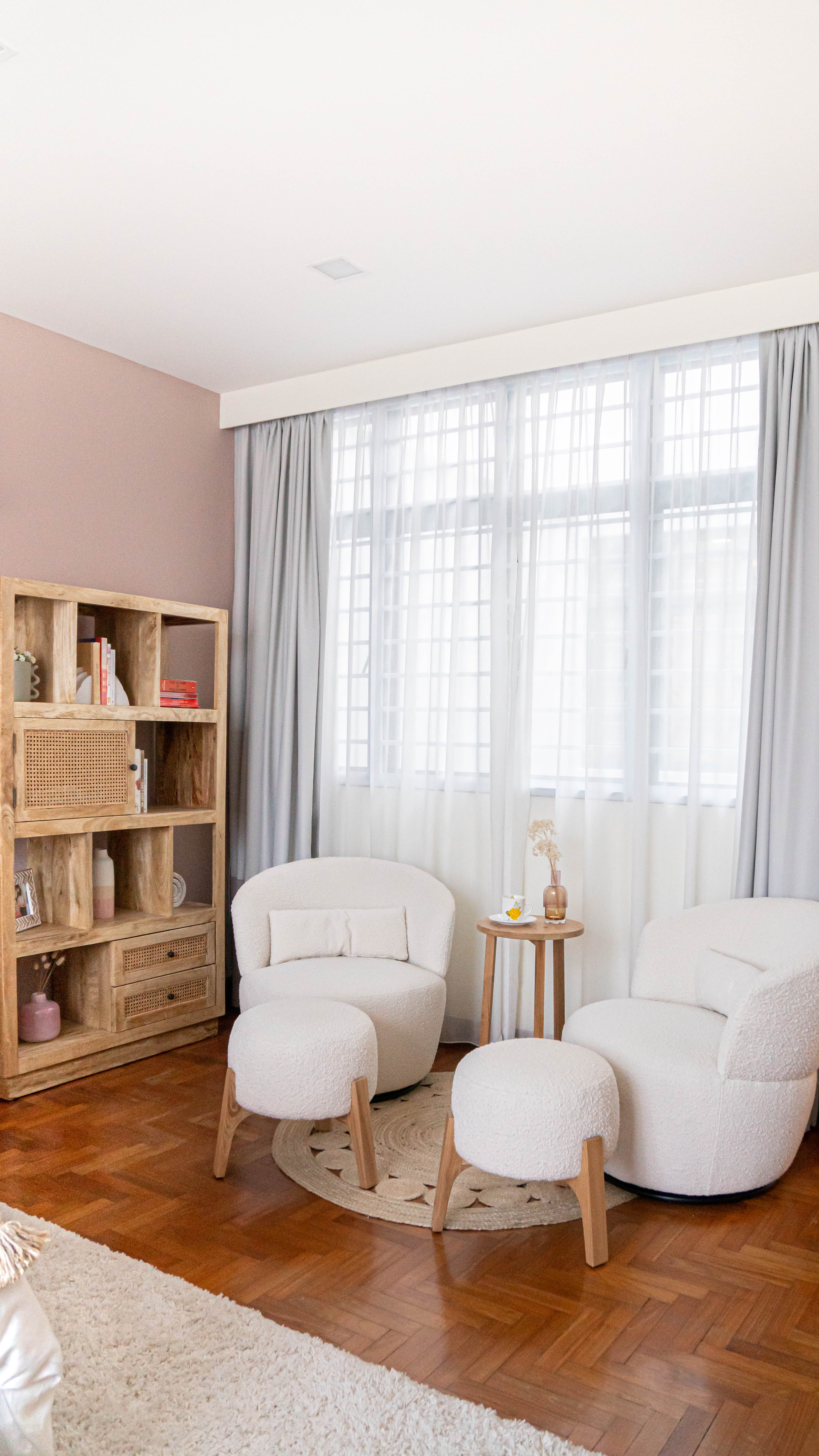 Cosy Luxurious Master Bedroom Transformation - Wooden bookshelf, light pink wall, natural light, white curtains, cozy room