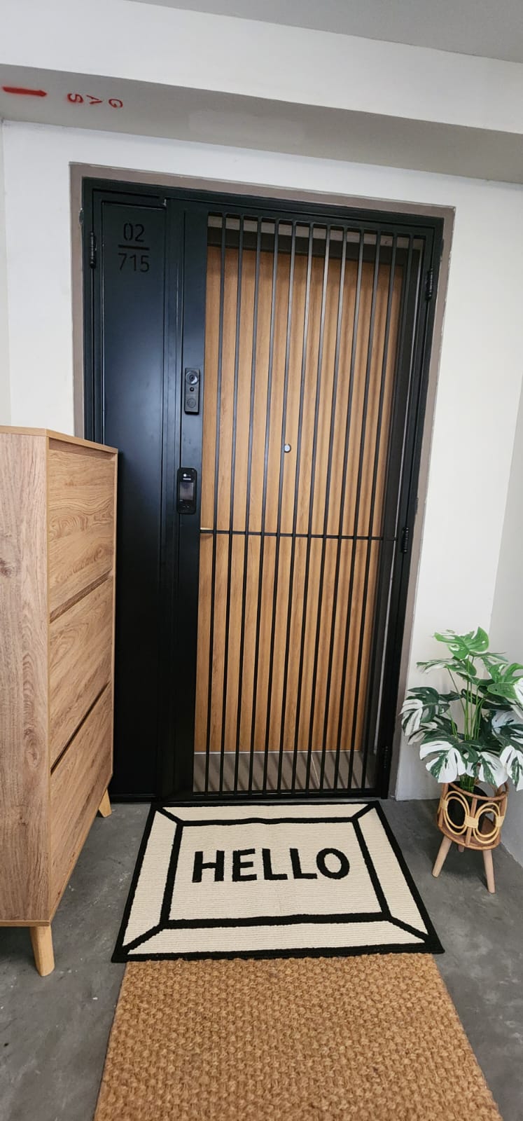 Welcome and enter at your own risk! - modern entryway, stylish door, black and wooden design, minimalist decor, woven mat