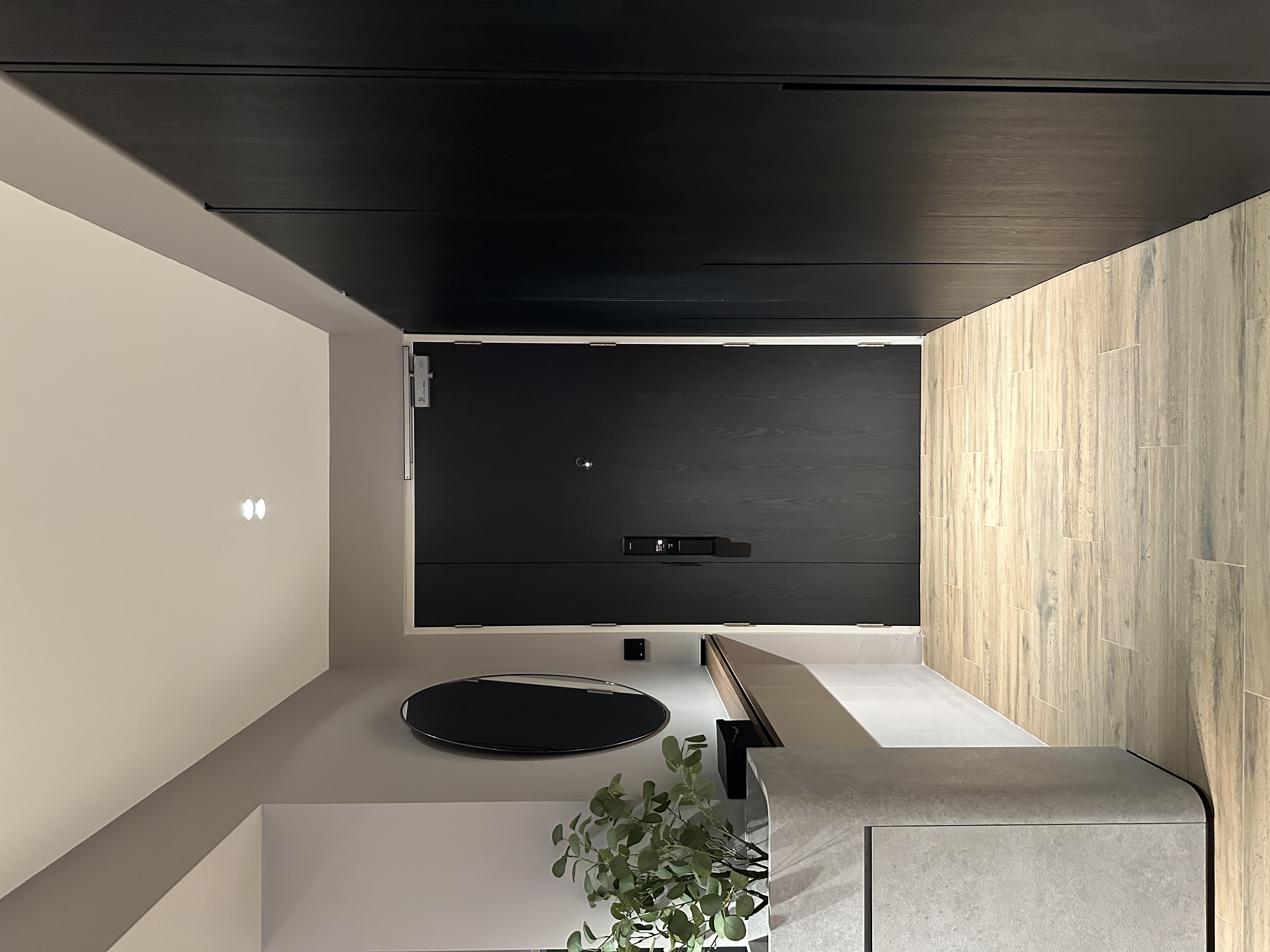 ✨Glowing up our home with these ✨ - Modern minimalist interior, sleek black ceiling, light beige walls, wooden accent wall