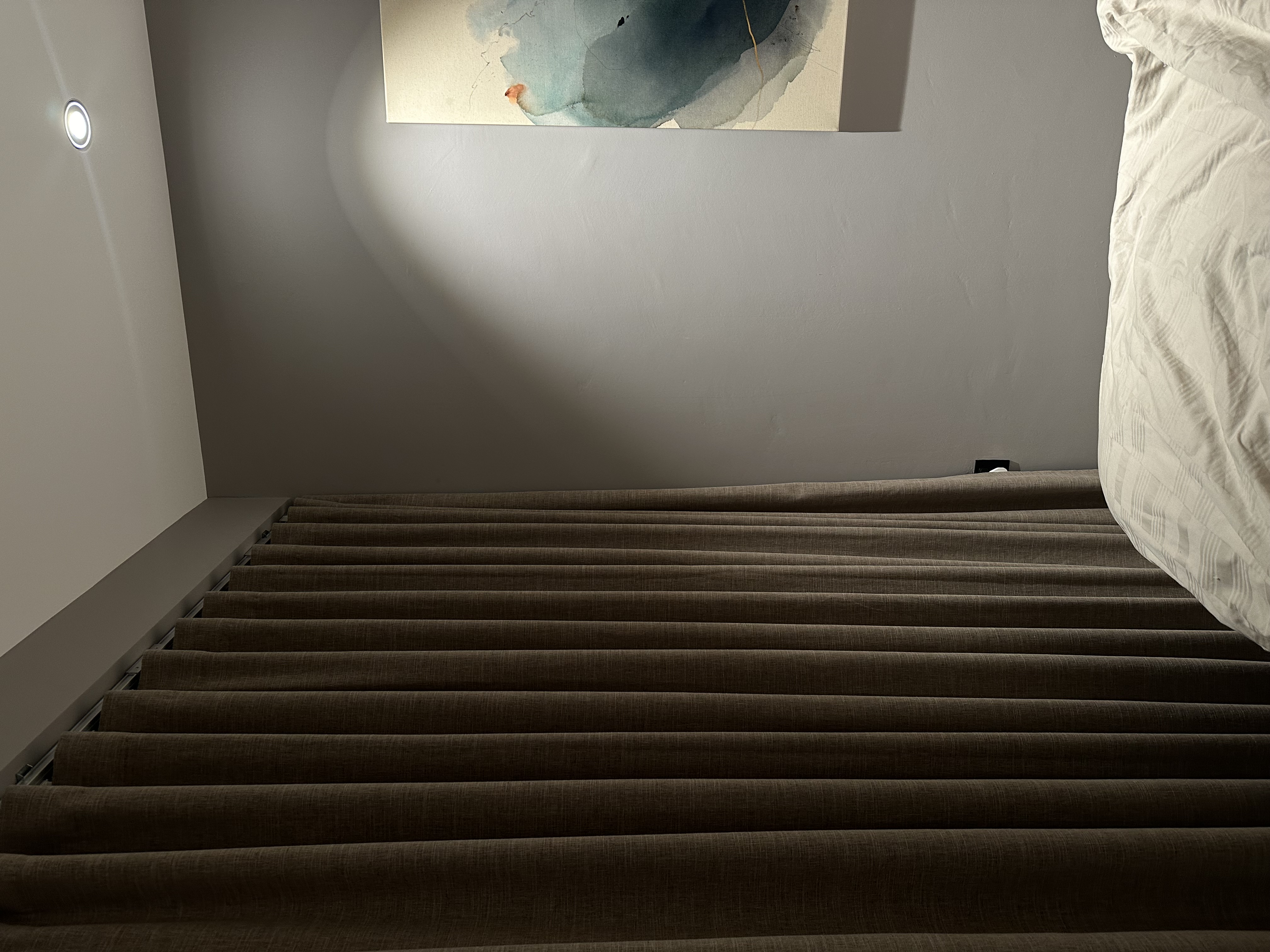 ✨Glowing up our home with these ✨ - modern minimalist bedroom, cozy staircase, soft lighting, abstract painting, textured