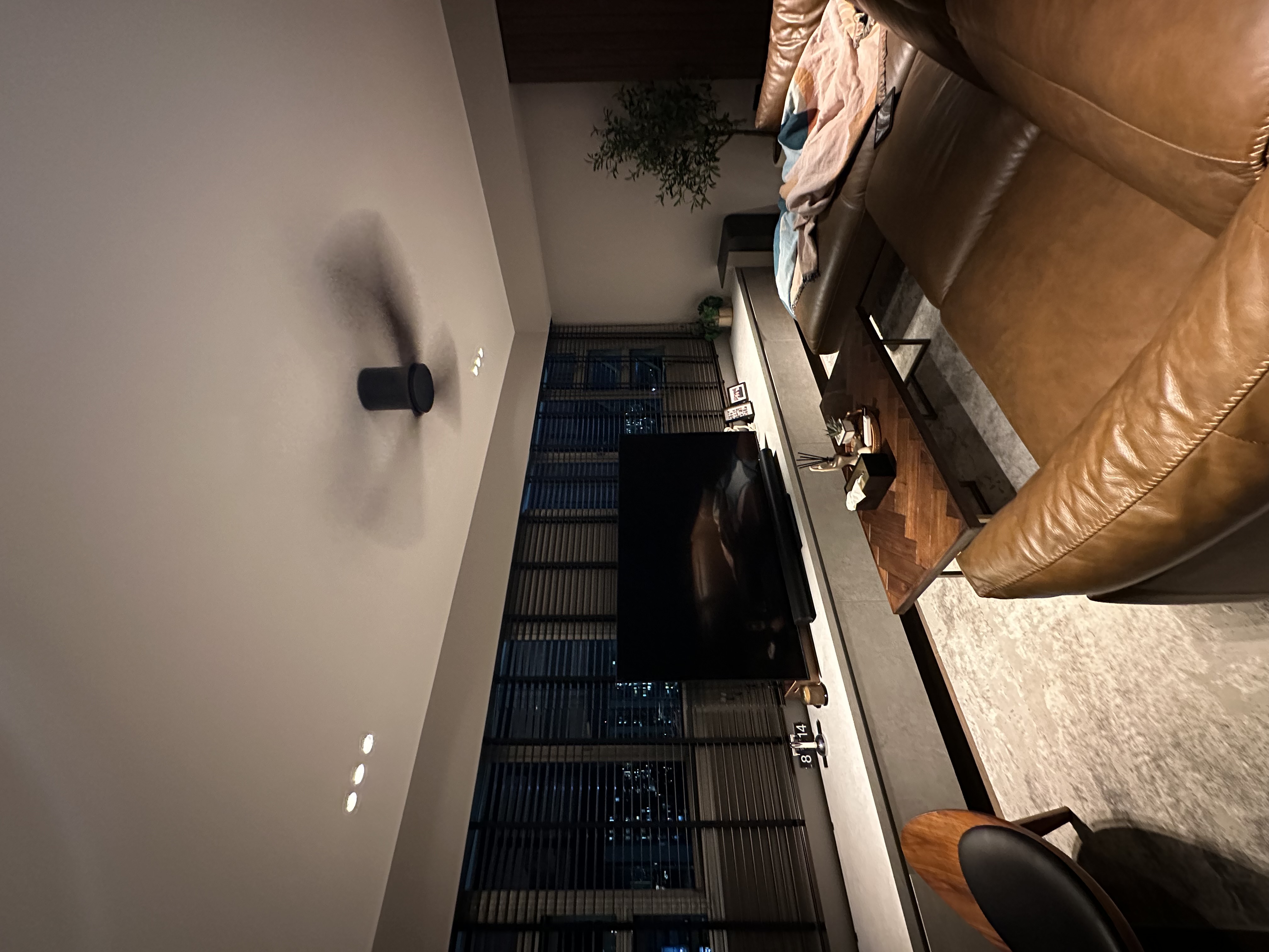 ✨Glowing up our home with these ✨ - Modern living room, cozy atmosphere, large window, cityscape view, nighttime ambiance