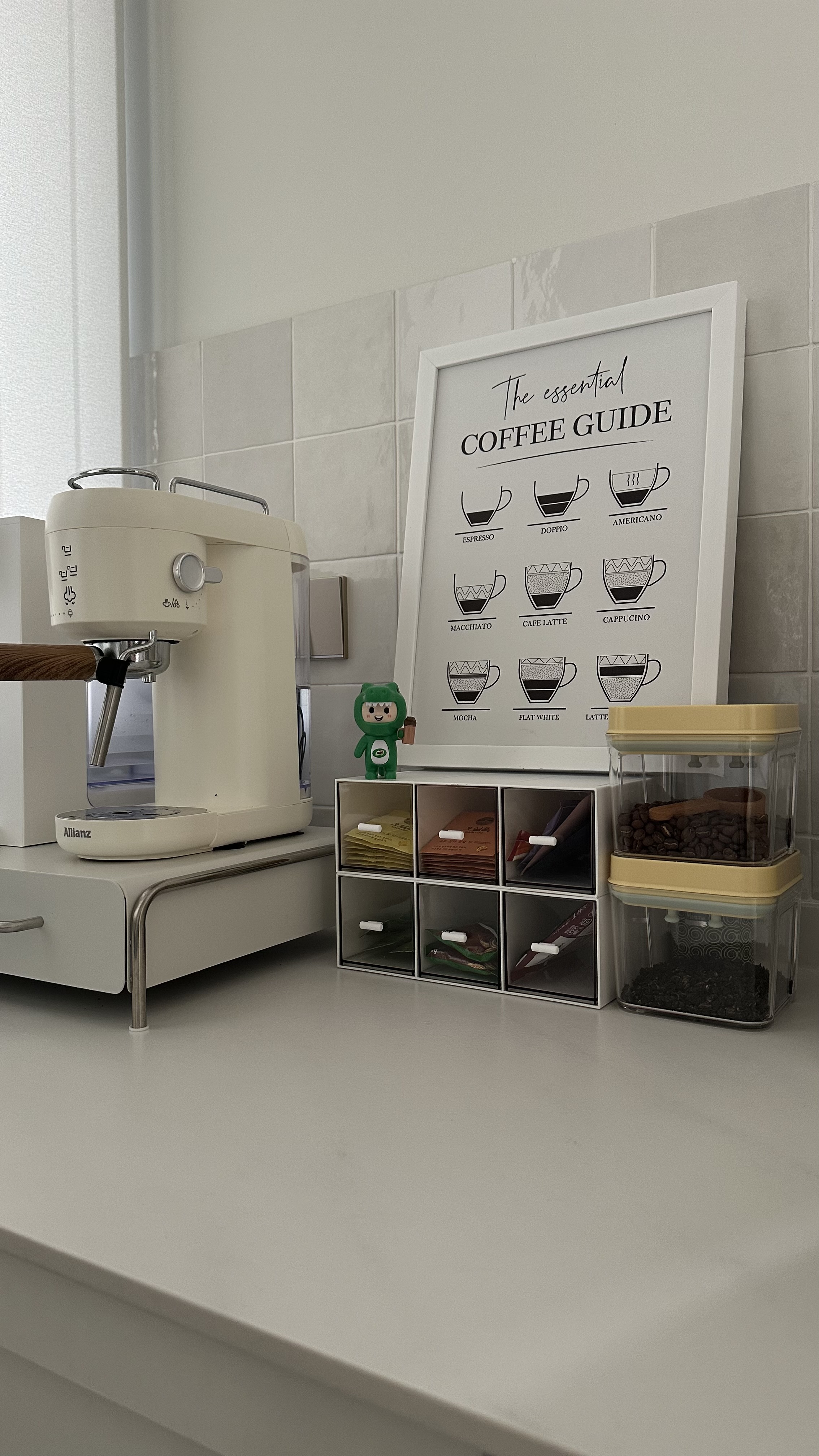 Our dual function yard - White kitchen counter, coffee machine, Allianz brand, espresso, doppo, americano, macchiato, cafe