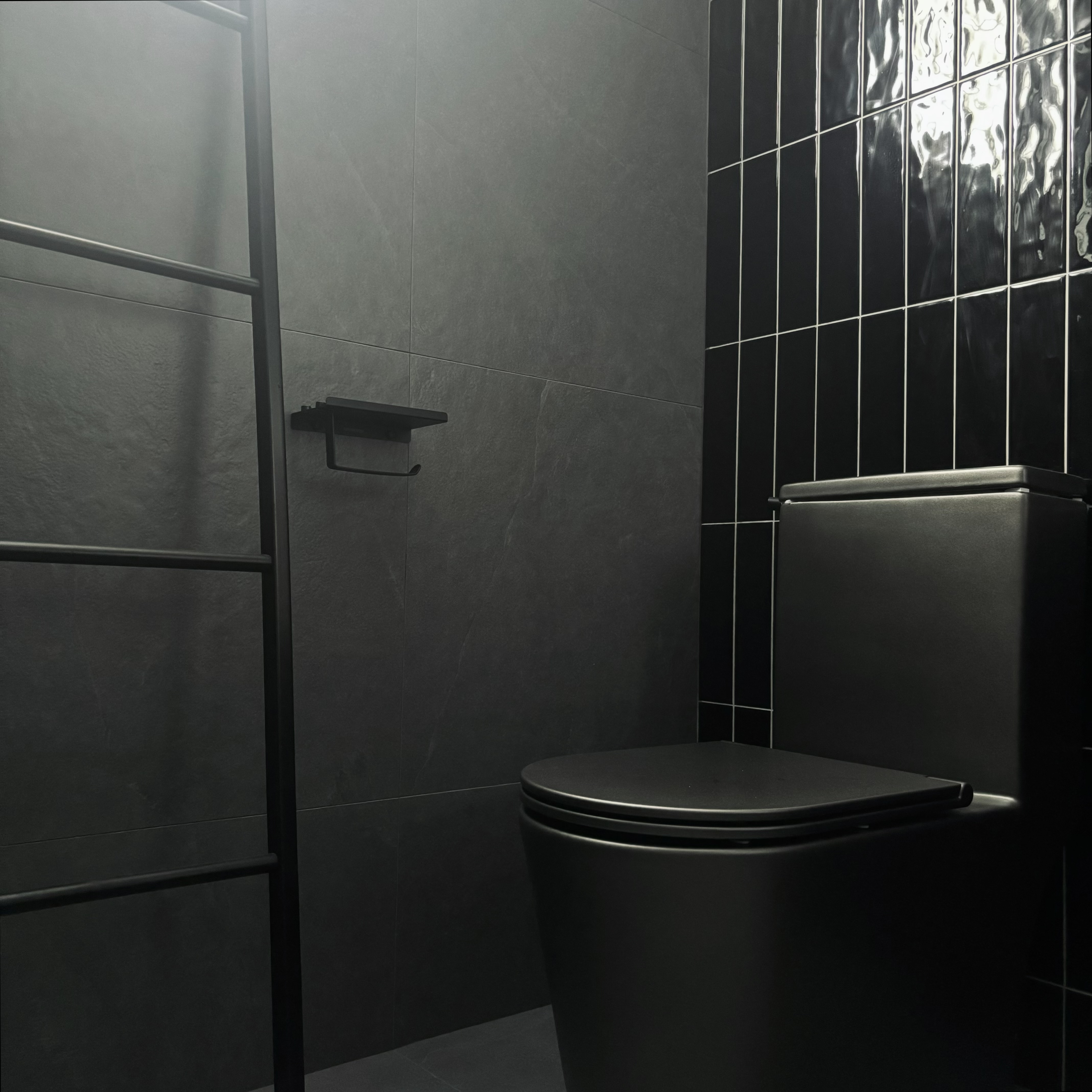 Two toilets, two different themes ✨ - Modern minimalist bathroom, sleek black tiles, contemporary design, black toilet, black