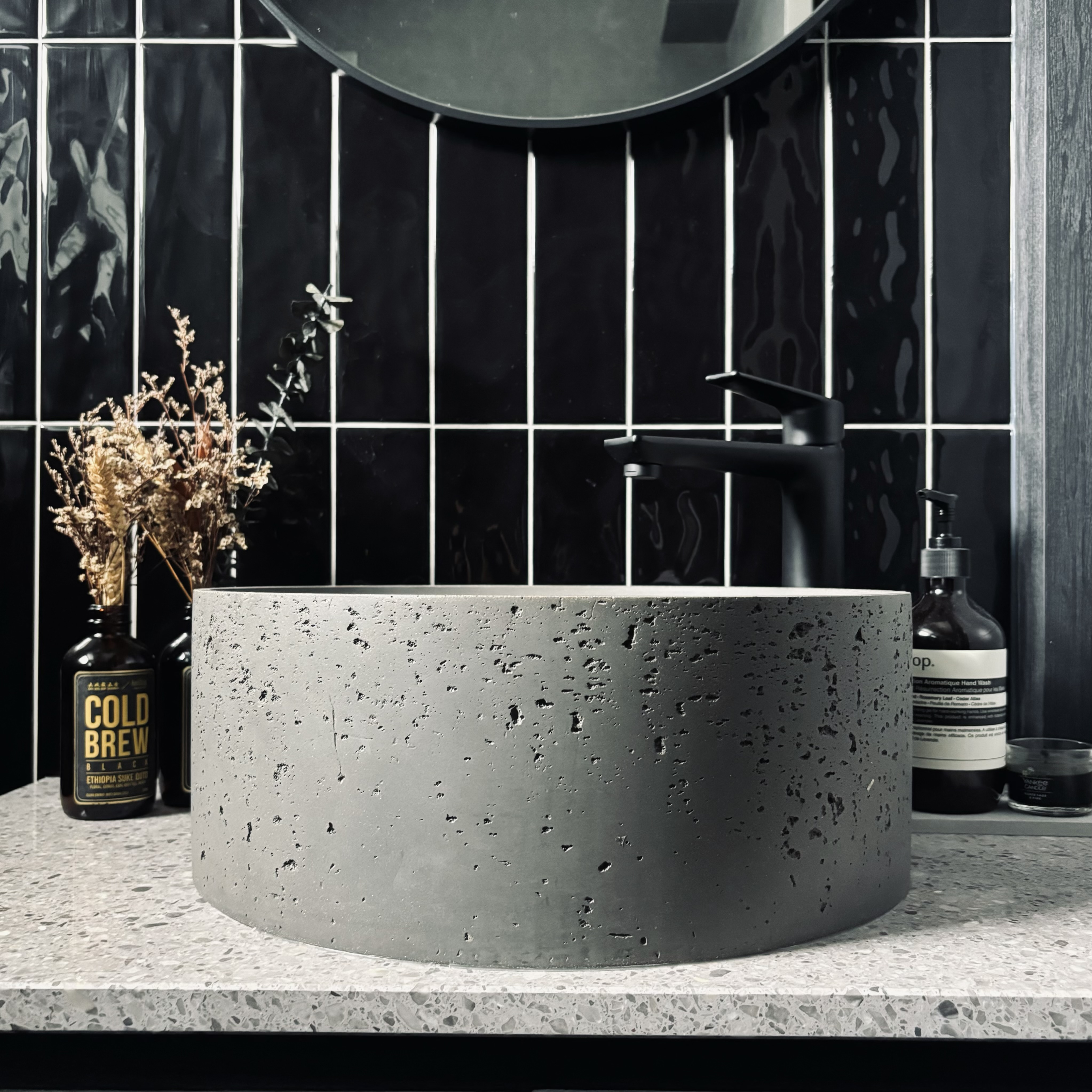 Two toilets, two different themes ✨ - black and white, modern bathroom, textured countertop, black and white tiles