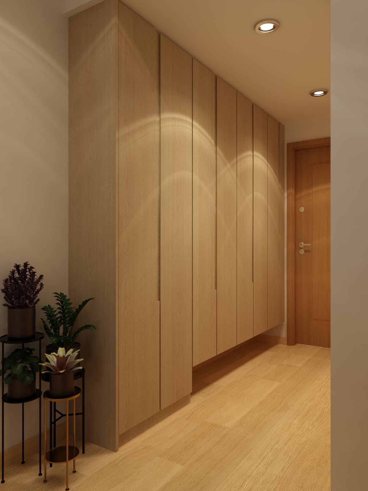 Our entryway with ample storage space - Wooden cabinetry, minimalist design, modern aesthetic, light wood finish, sleek