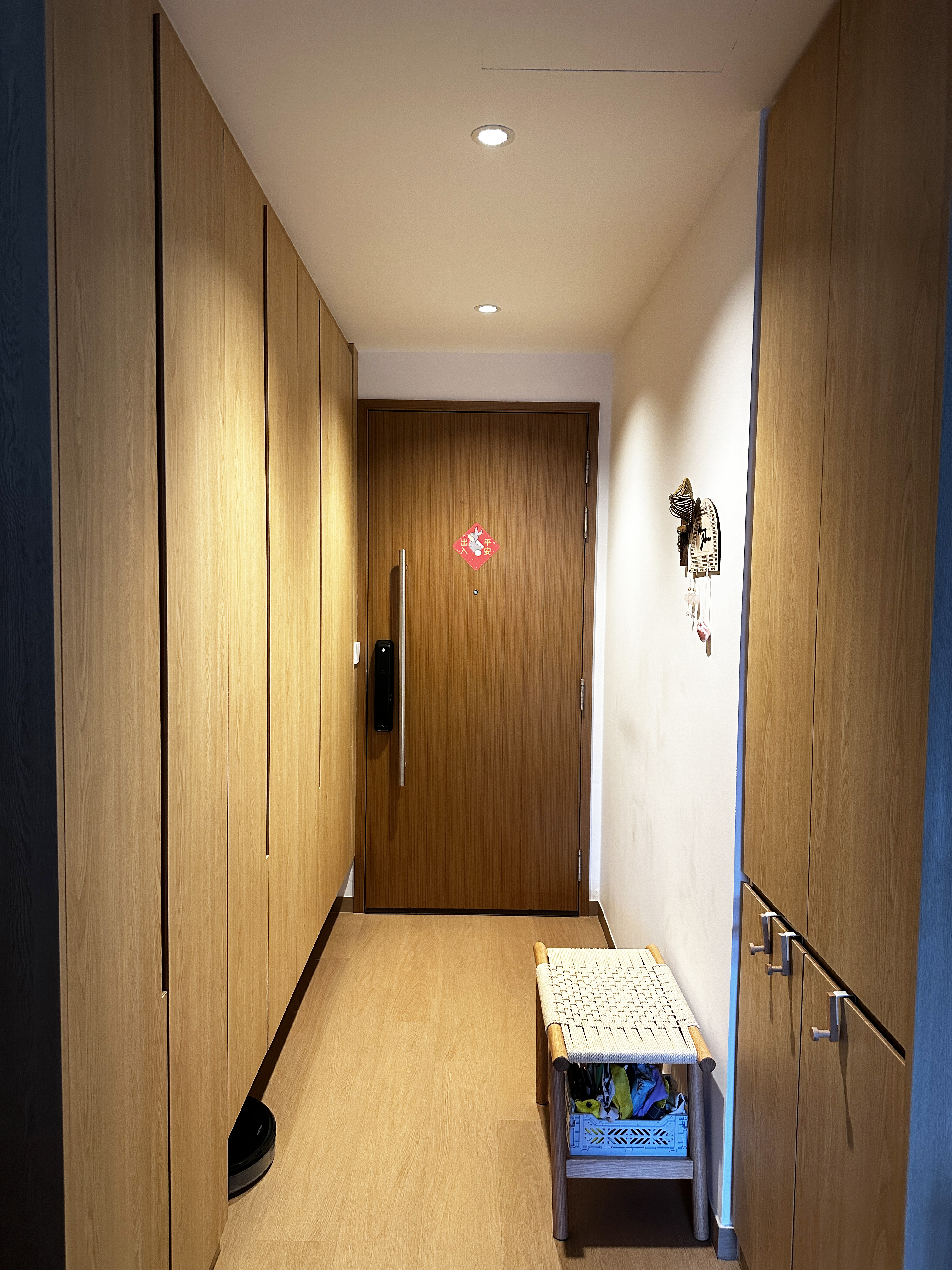 Our entryway with ample storage space - Wooden hallway, modern design, wooden cabinets, light brown wood, sleek design