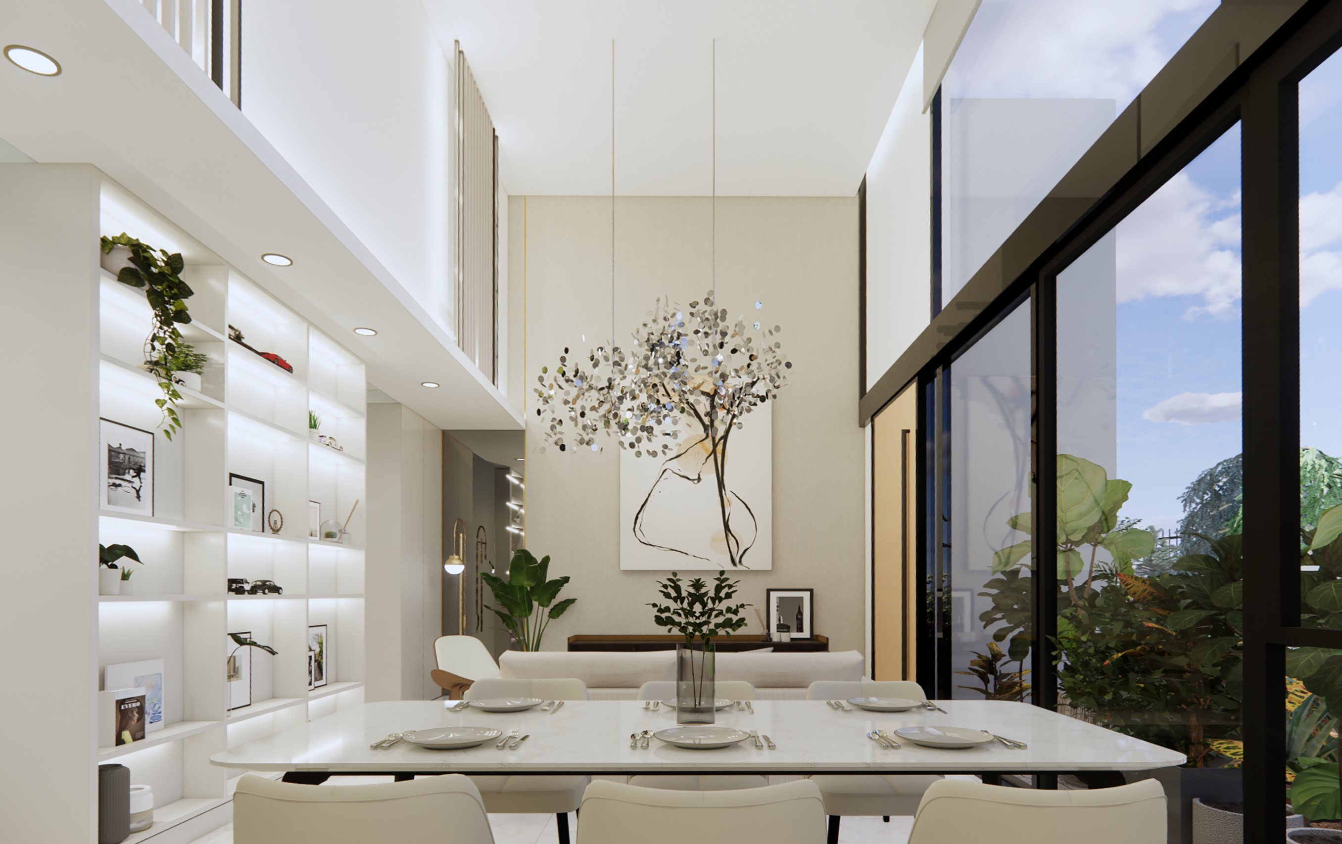 An Elegant And Sophisticated Space  - Modern dining room with sleek white furniture, minimalist decor, large windows offering