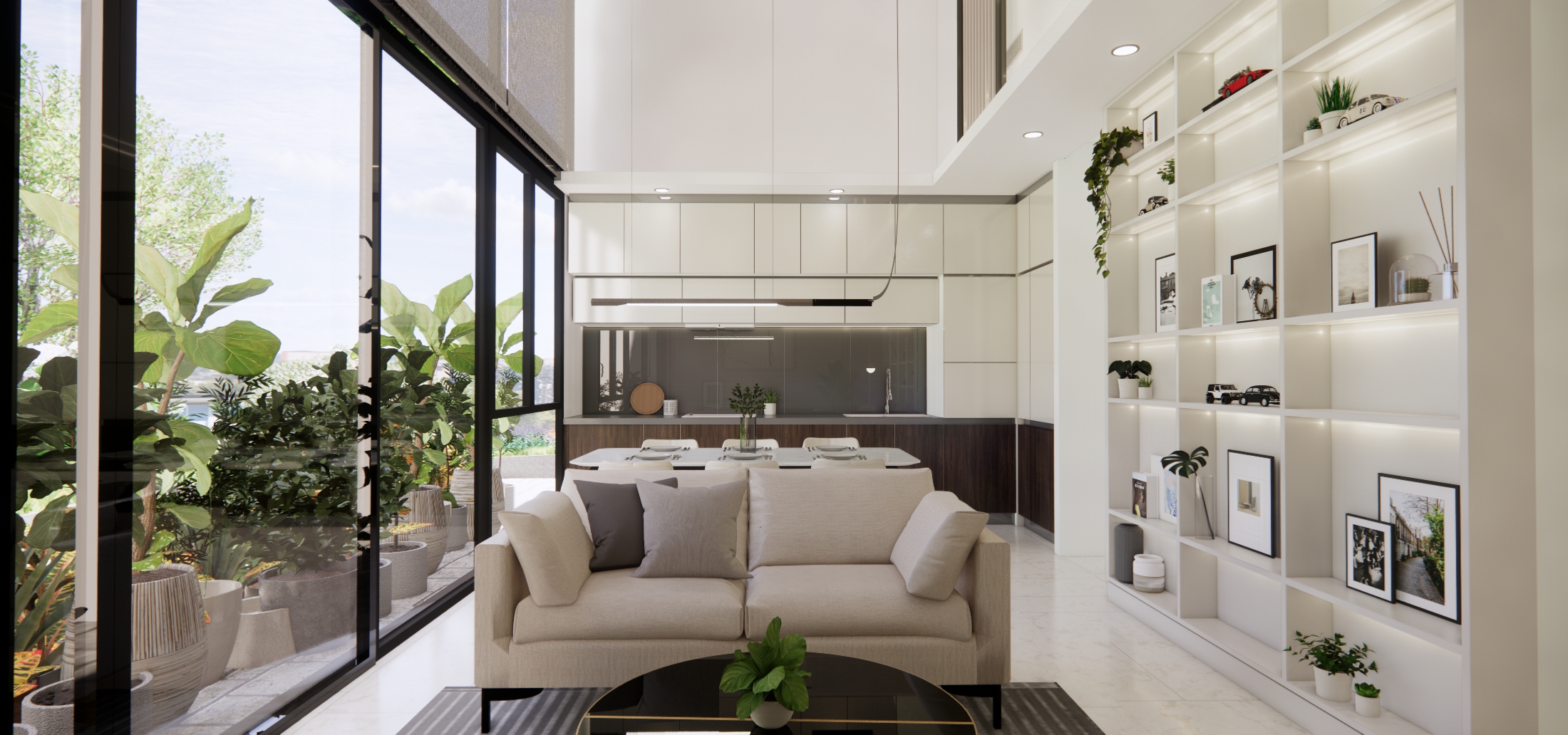 An Elegant And Sophisticated Space  - Large glass windows, lush green plants, modern kitchen, minimalist decor, white