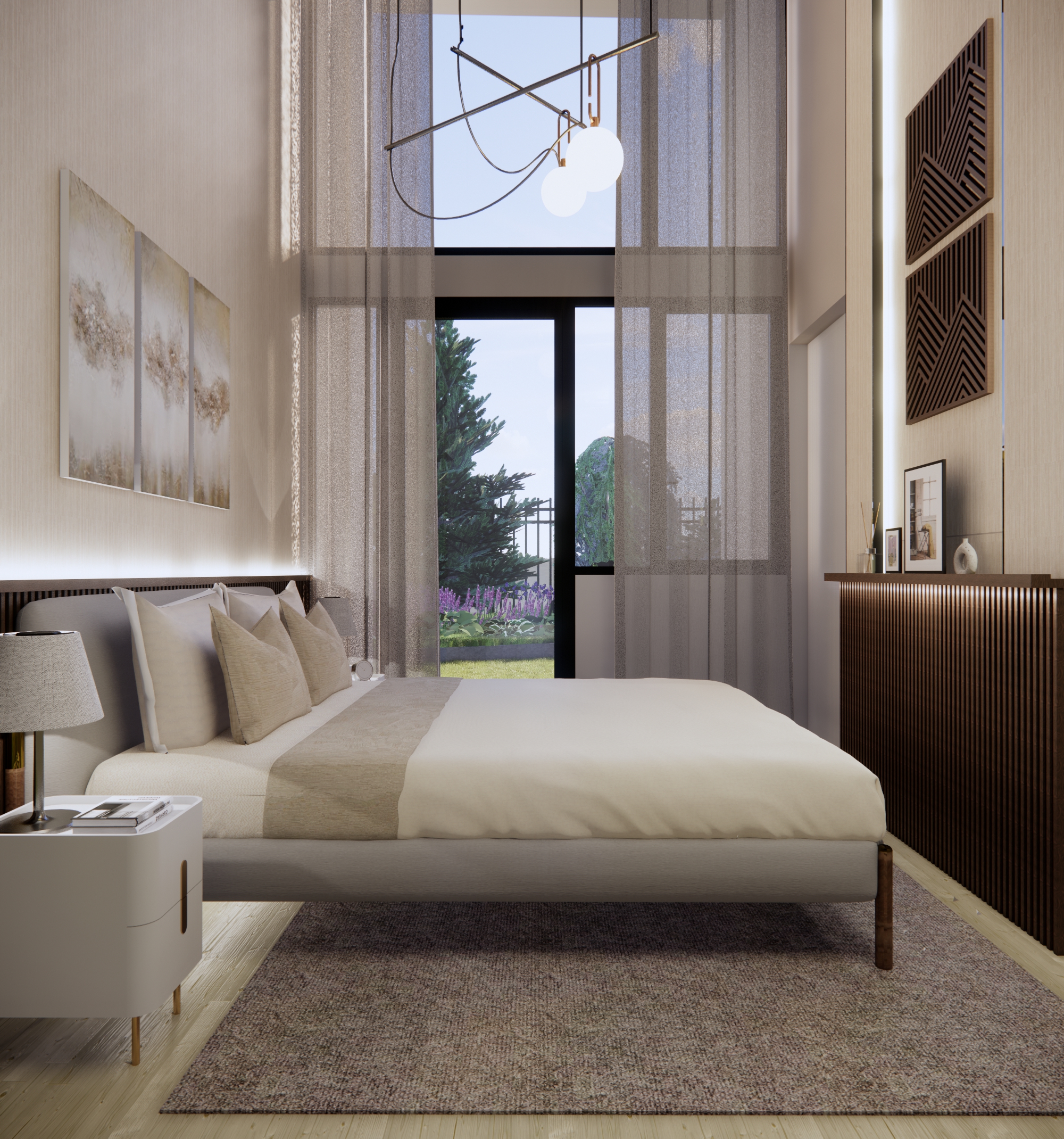 An Elegant And Sophisticated Space  - Modern bedroom interior, minimalist design, large window, natural light, textured
