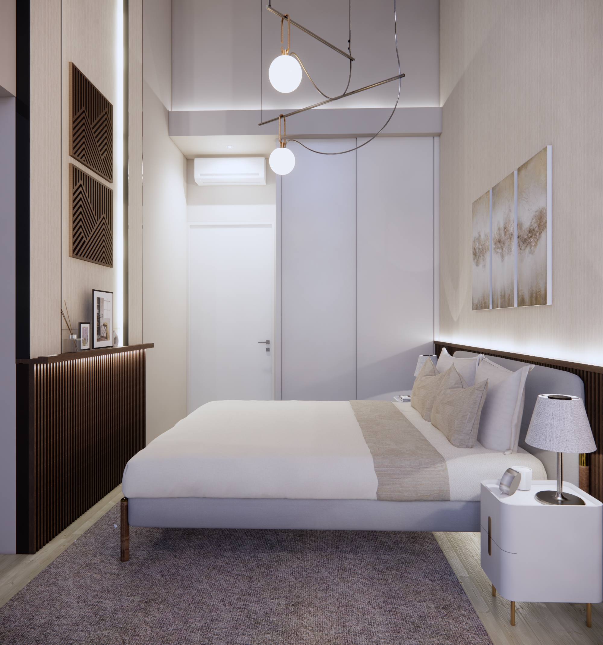 An Elegant And Sophisticated Space  - Modern bedroom interior, minimalist design, sleek furniture, neutral color palette