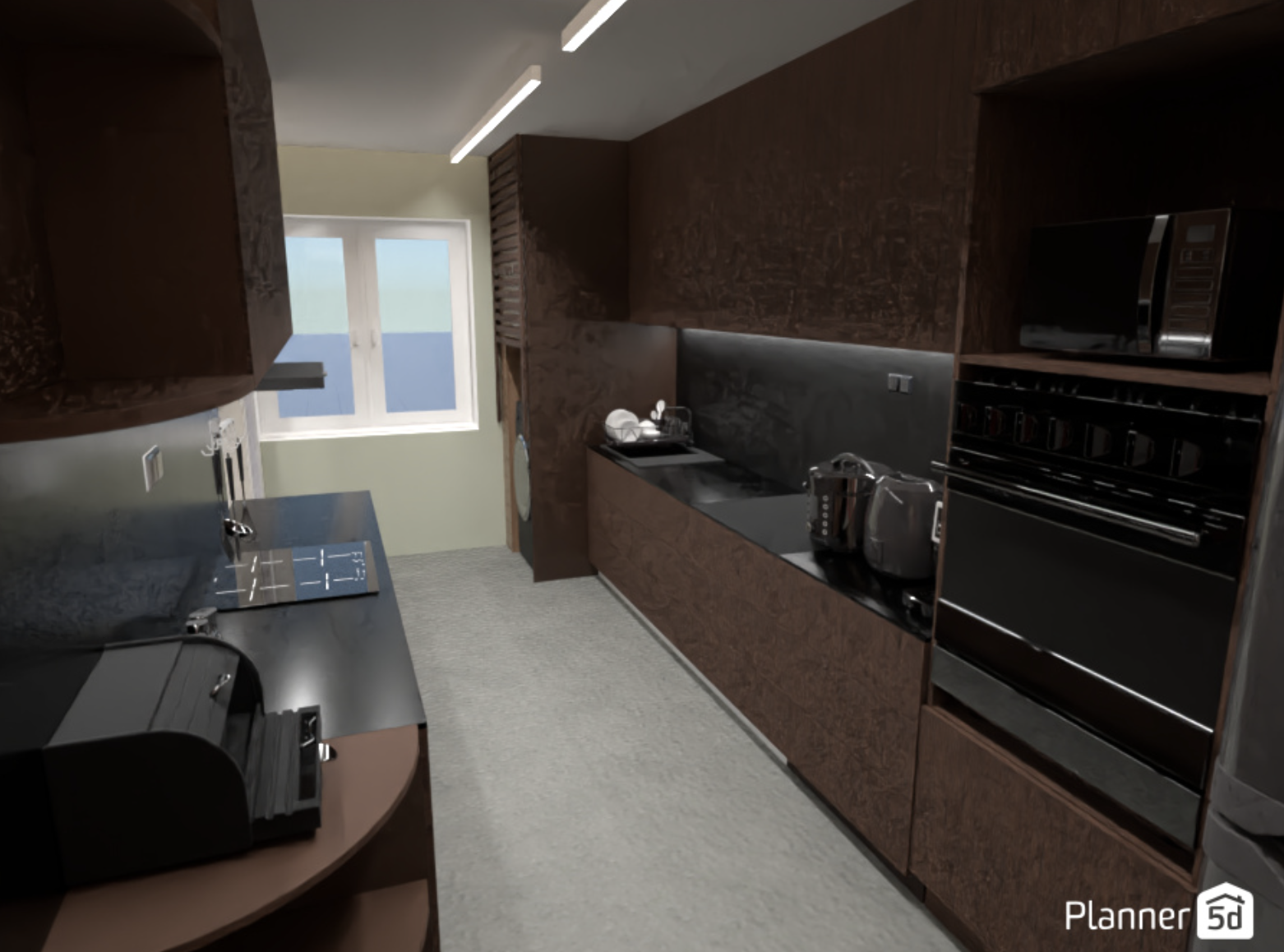 Navigating DIY Interior Design - Modern kitchen with sleek design, dark brown cabinets, black countertops, built-in