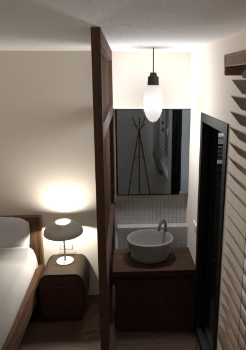 Navigating DIY Interior Design - Modern minimalist bedroom, cozy bed with white linens, wooden nightstand, floor lamp with