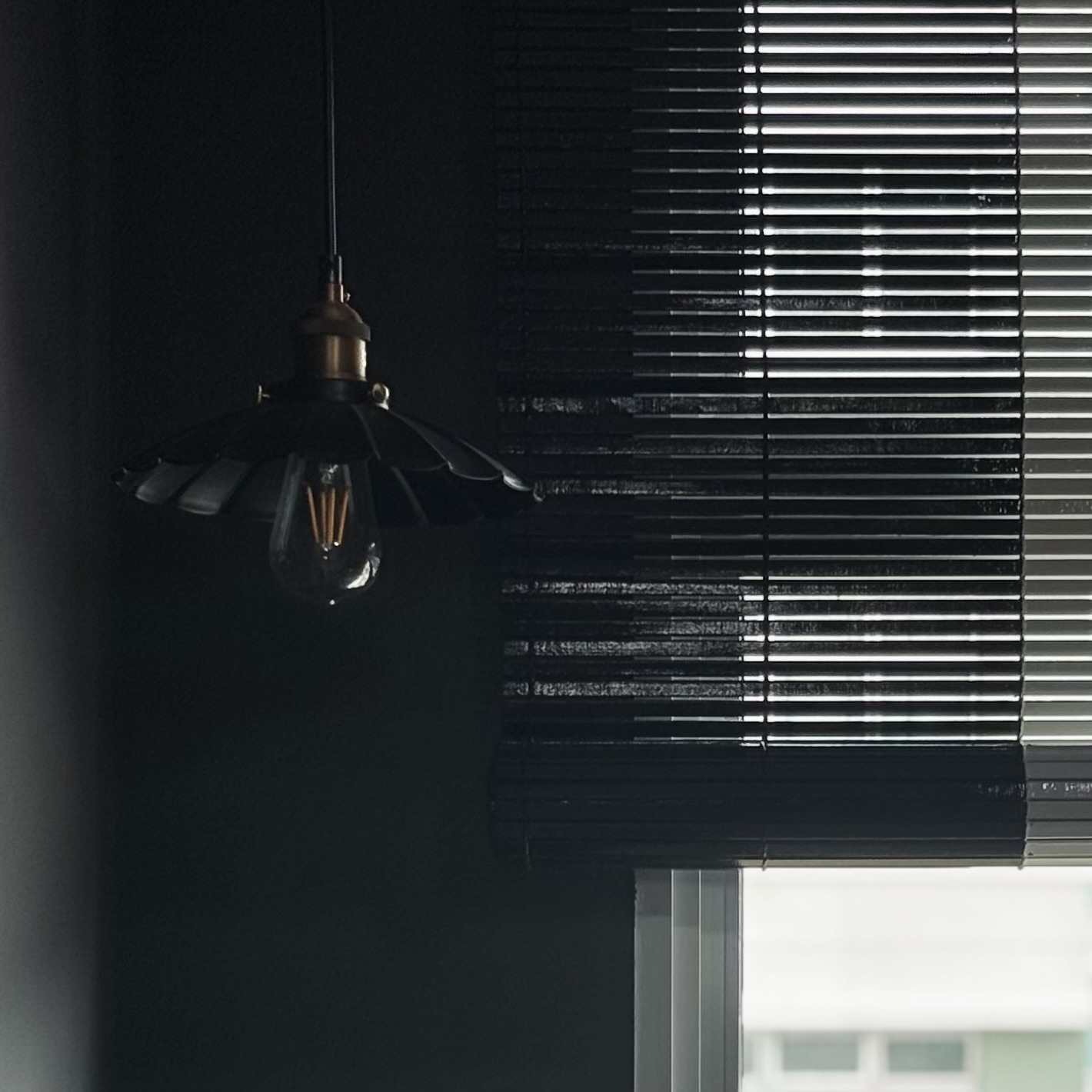 Our version of recreational area - the "balcony" - black pendant light, vintage design, industrial style, window blinds