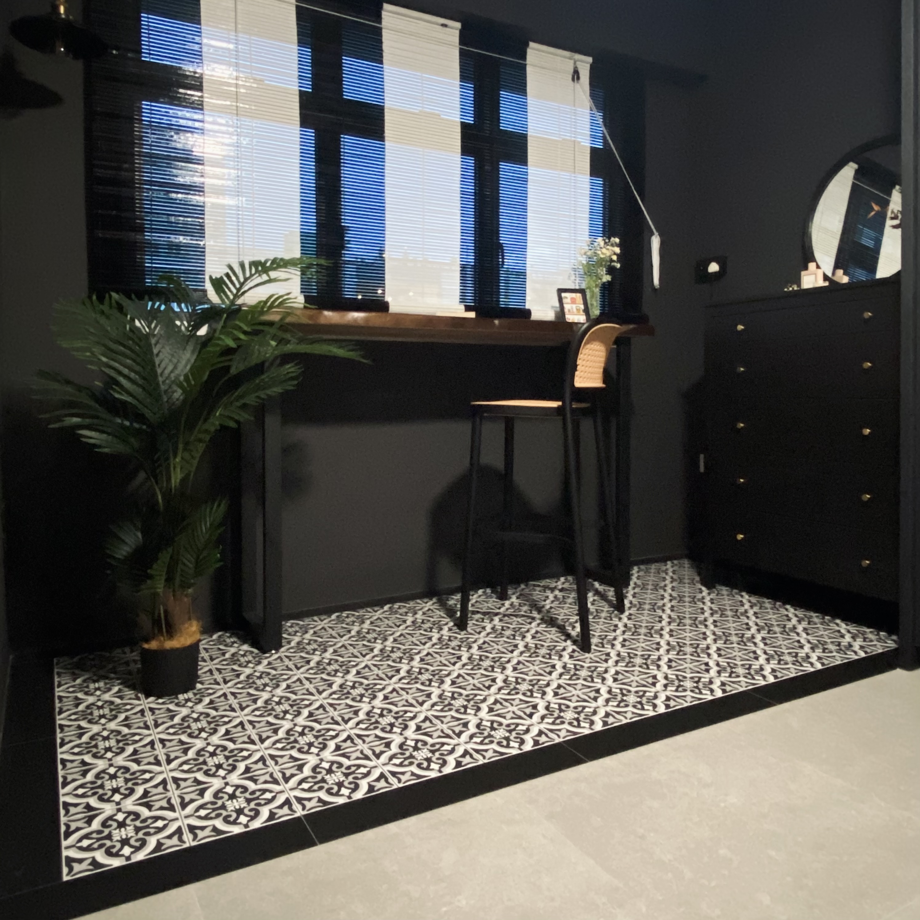 Our version of recreational area - the "balcony" - black and white patterned floor, modern interior design, stylish bar area