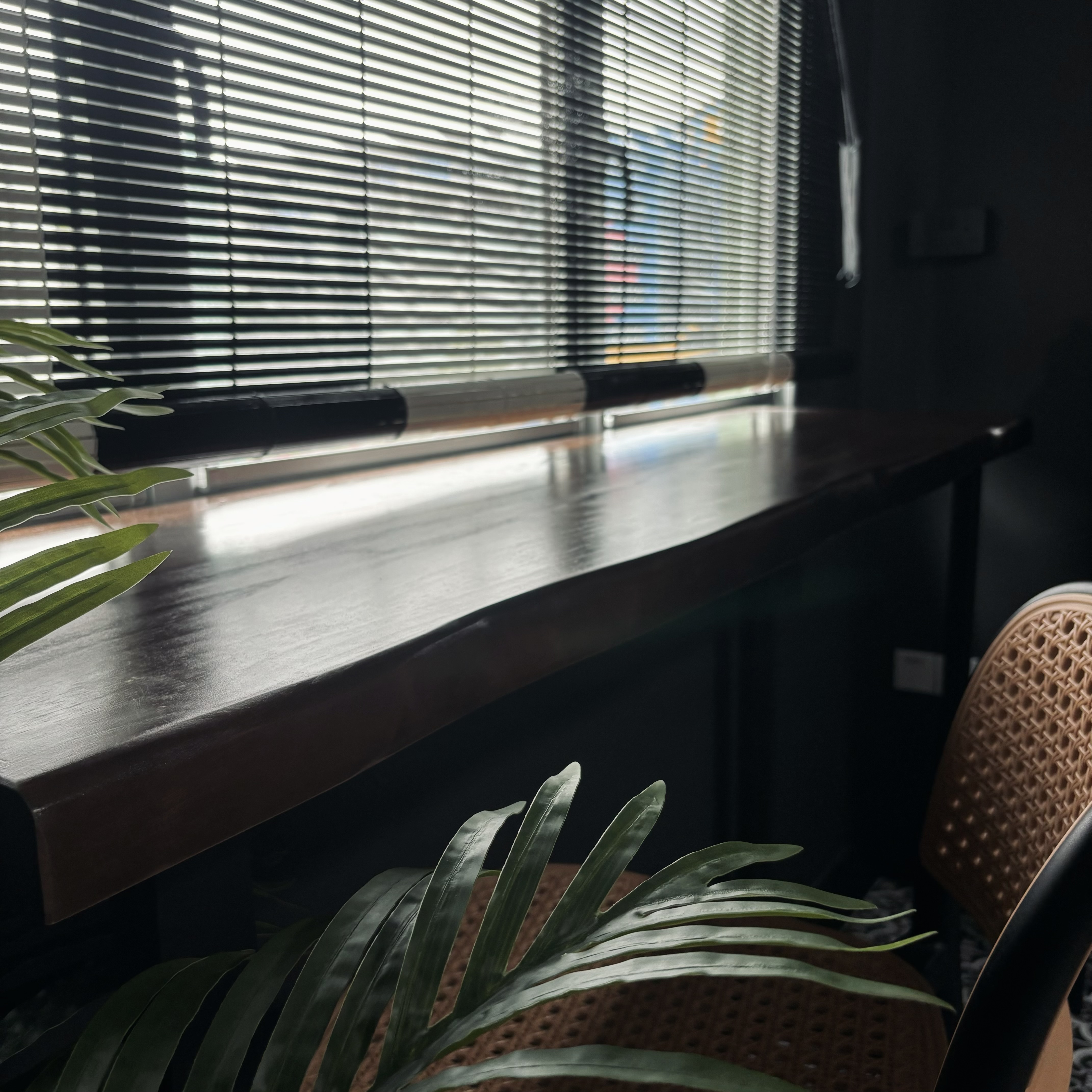 Our version of recreational area - the "balcony" - Window with blinds, indoor plant, wooden desk, textured chair, natural