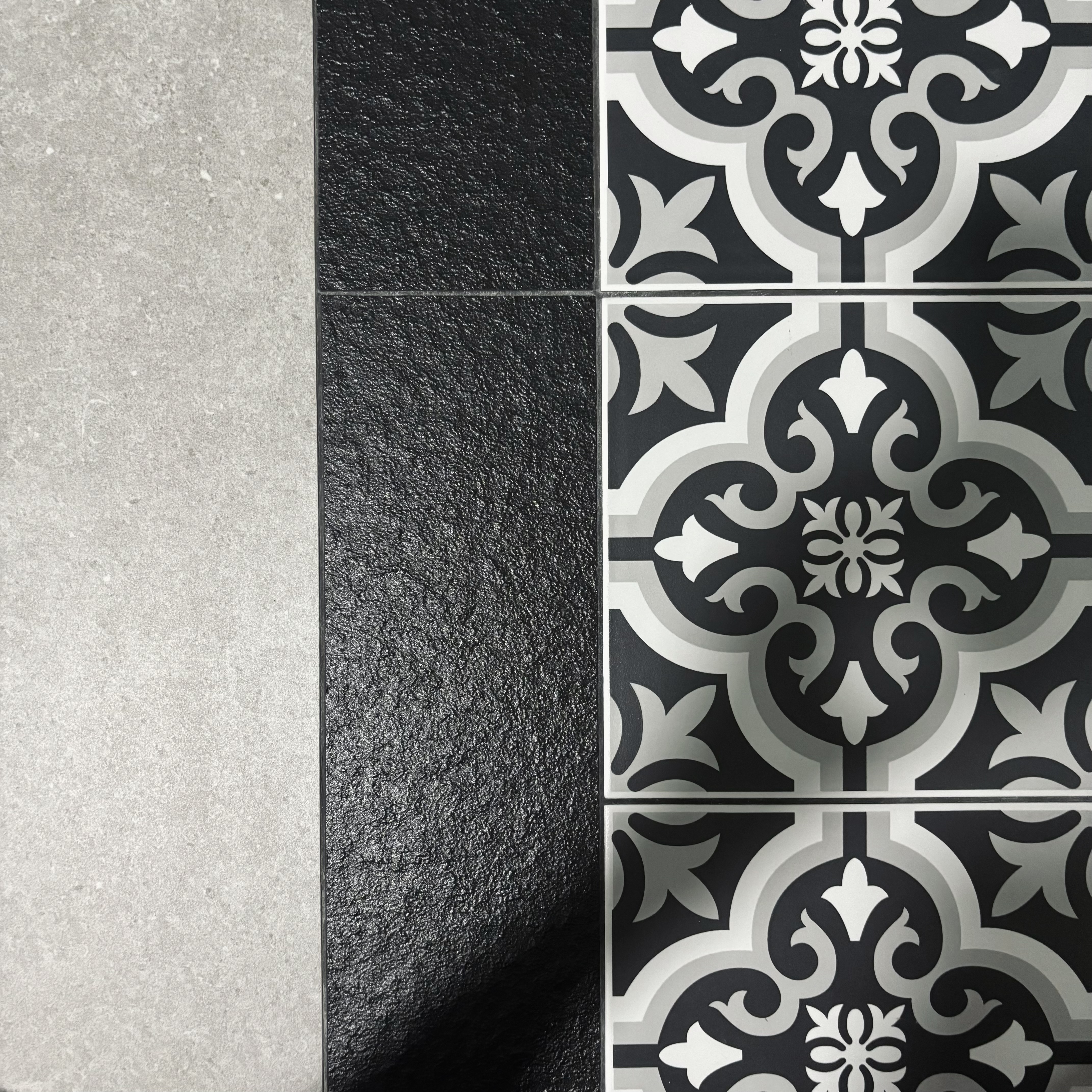 Our version of recreational area - the "balcony" - Intricate black and white tile pattern, Elegant floral design tiles