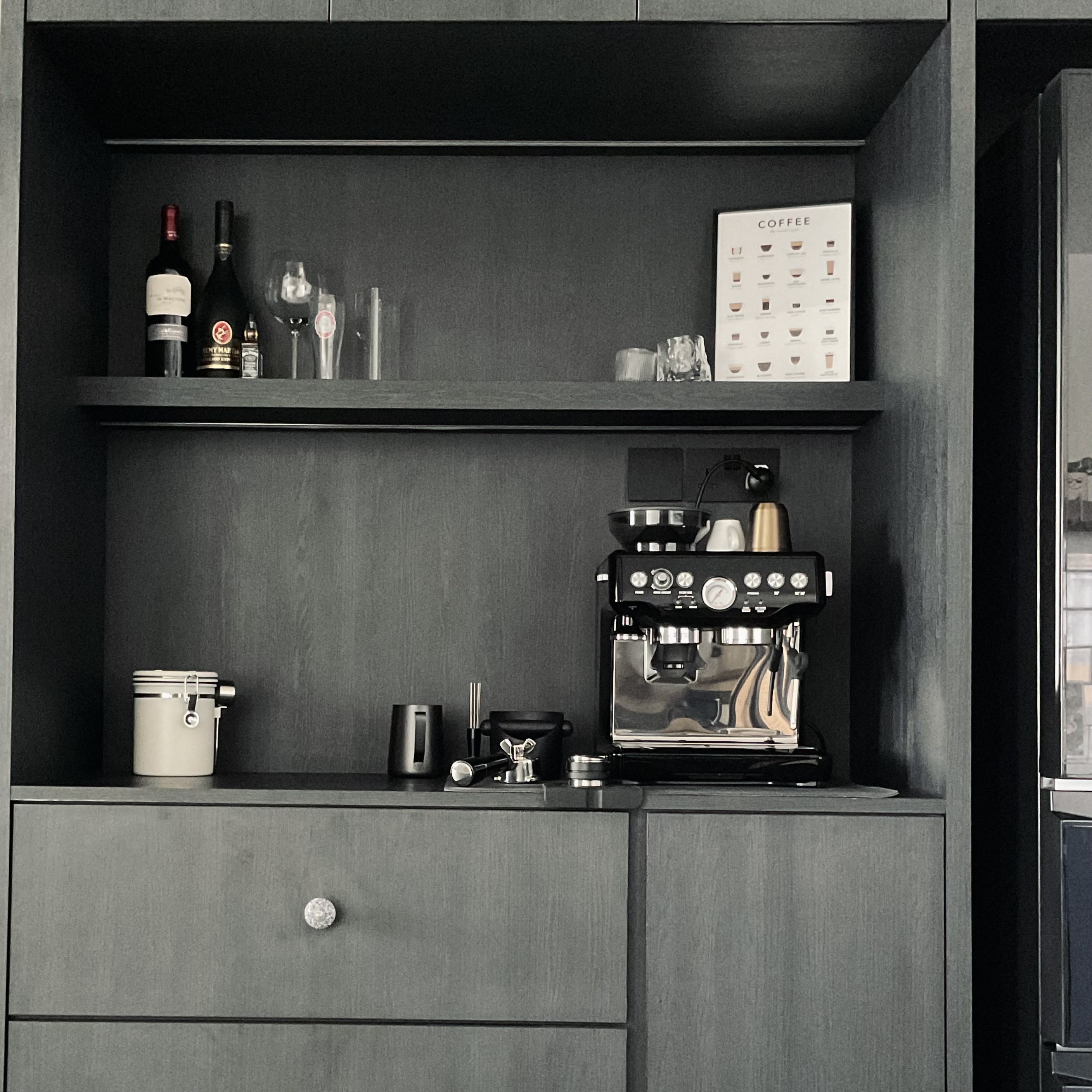 How to create a coffee nook in your home? - coffee shop, modern kitchen, espresso machine, wine bottles, wine glasses, coffee