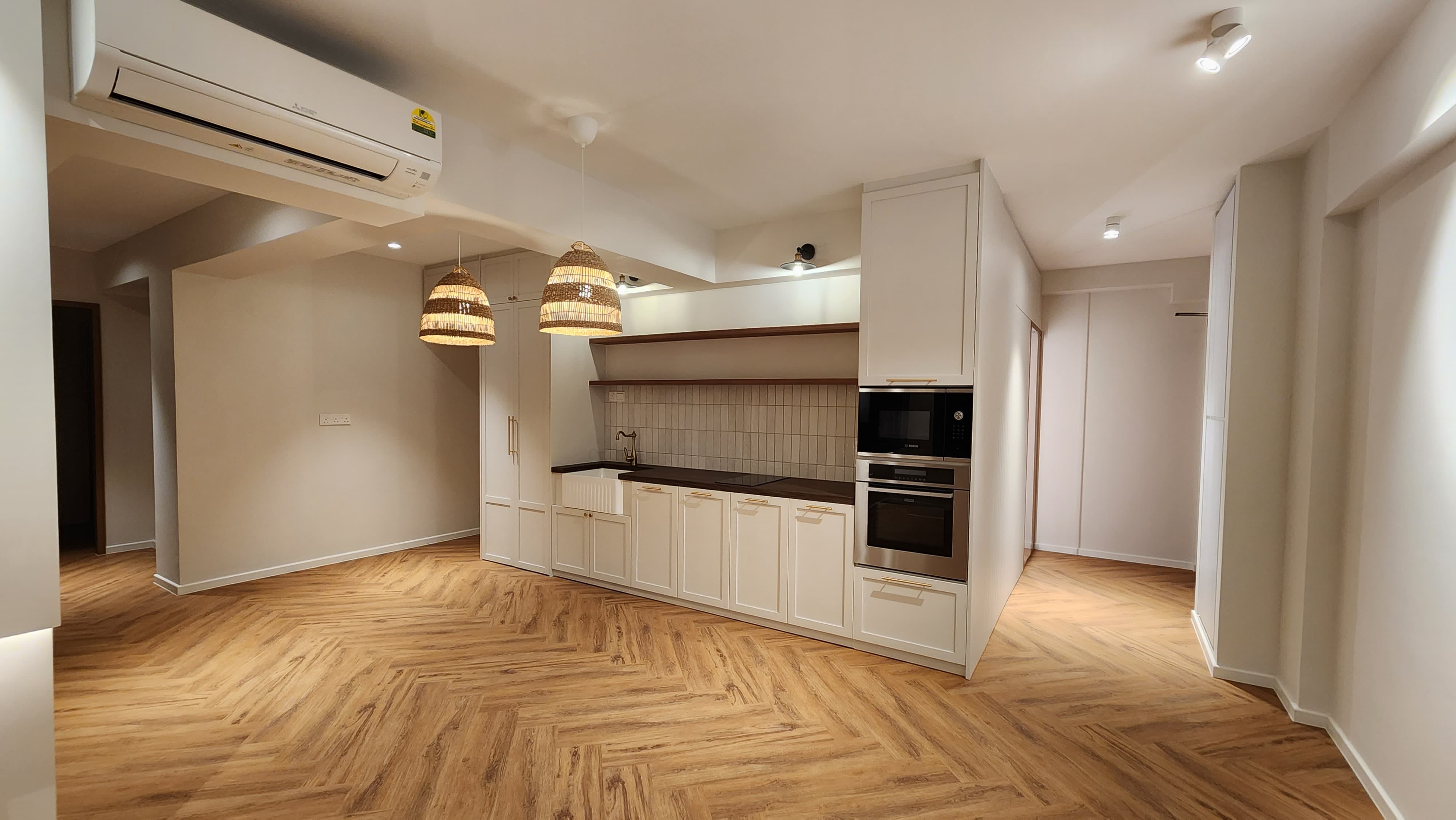 Modern Farmhouse with a Rustic touch in Bidadari - Herringbone wooden flooring, modern kitchen design, white cabinetry