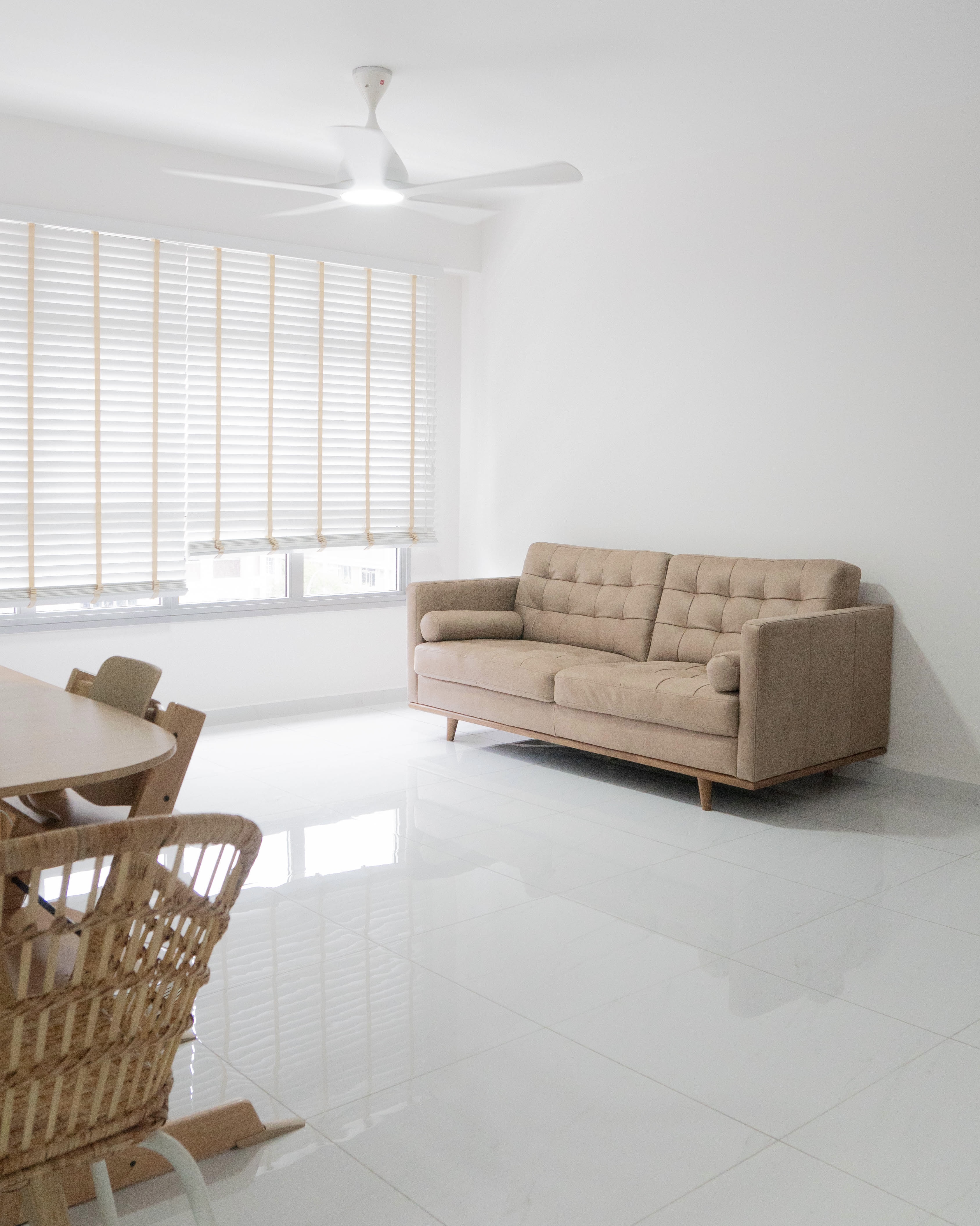 Japandi Living & Dining @ GreenFlora - Modern minimalist living room, spacious room with white walls, large window with
